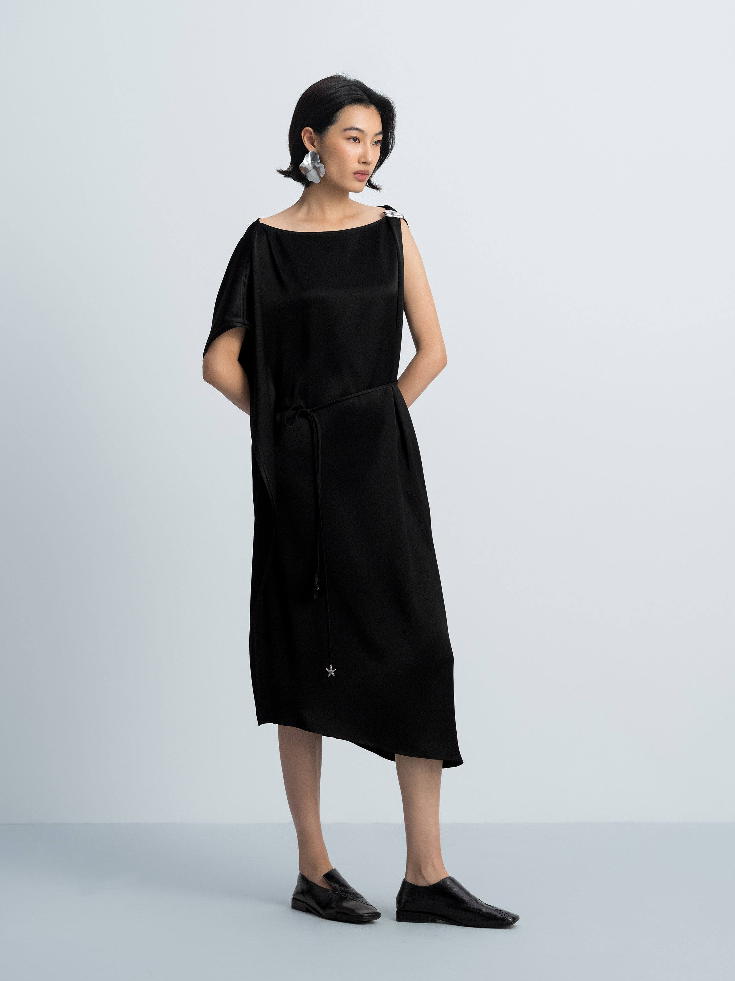 Black Acetate Satin Boat Neck Asymmetric Sleeve Dress
