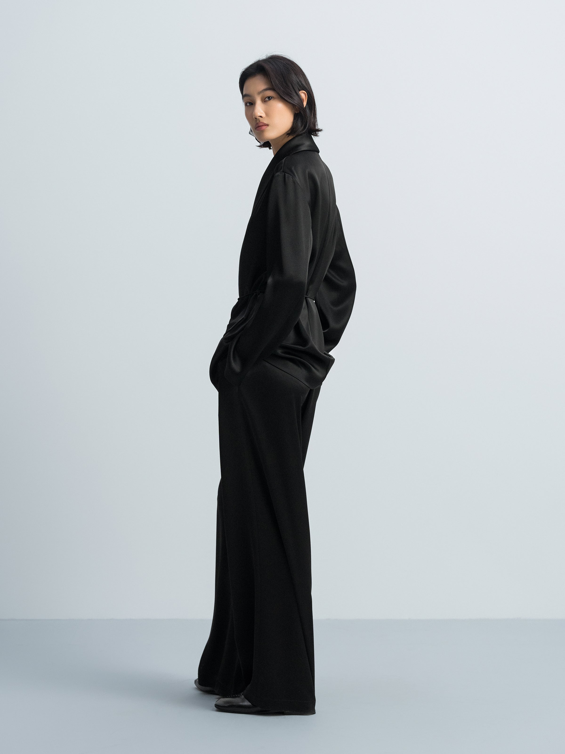 Black Water Wave Satin Shawl Collar Drawstring Blazer