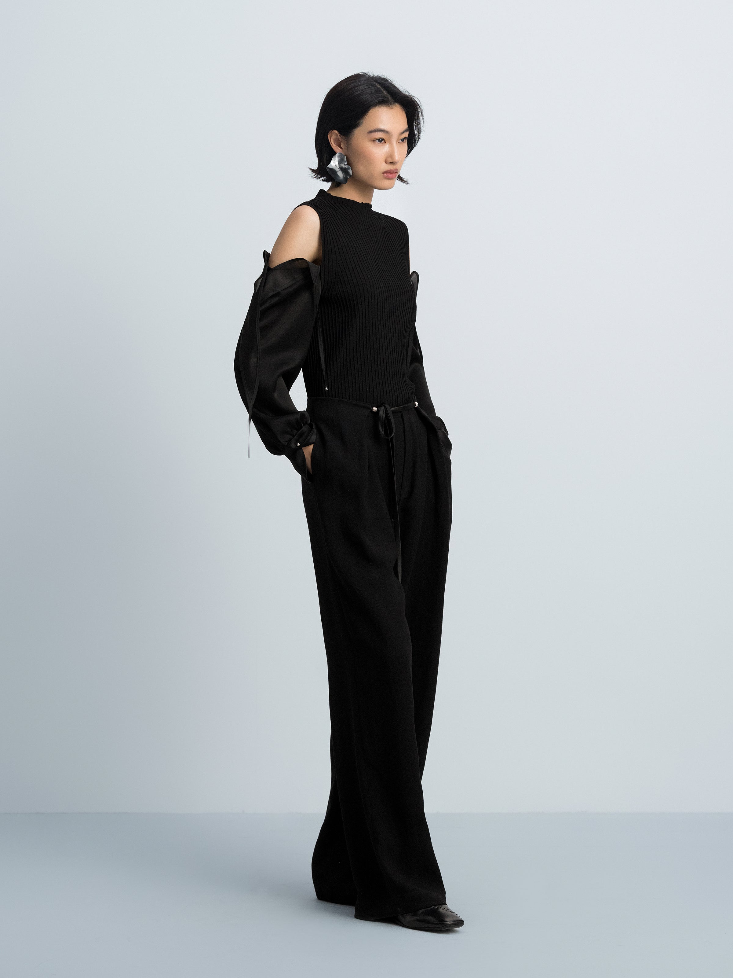 Black Viscose Satin Organza High Neck Slim Top