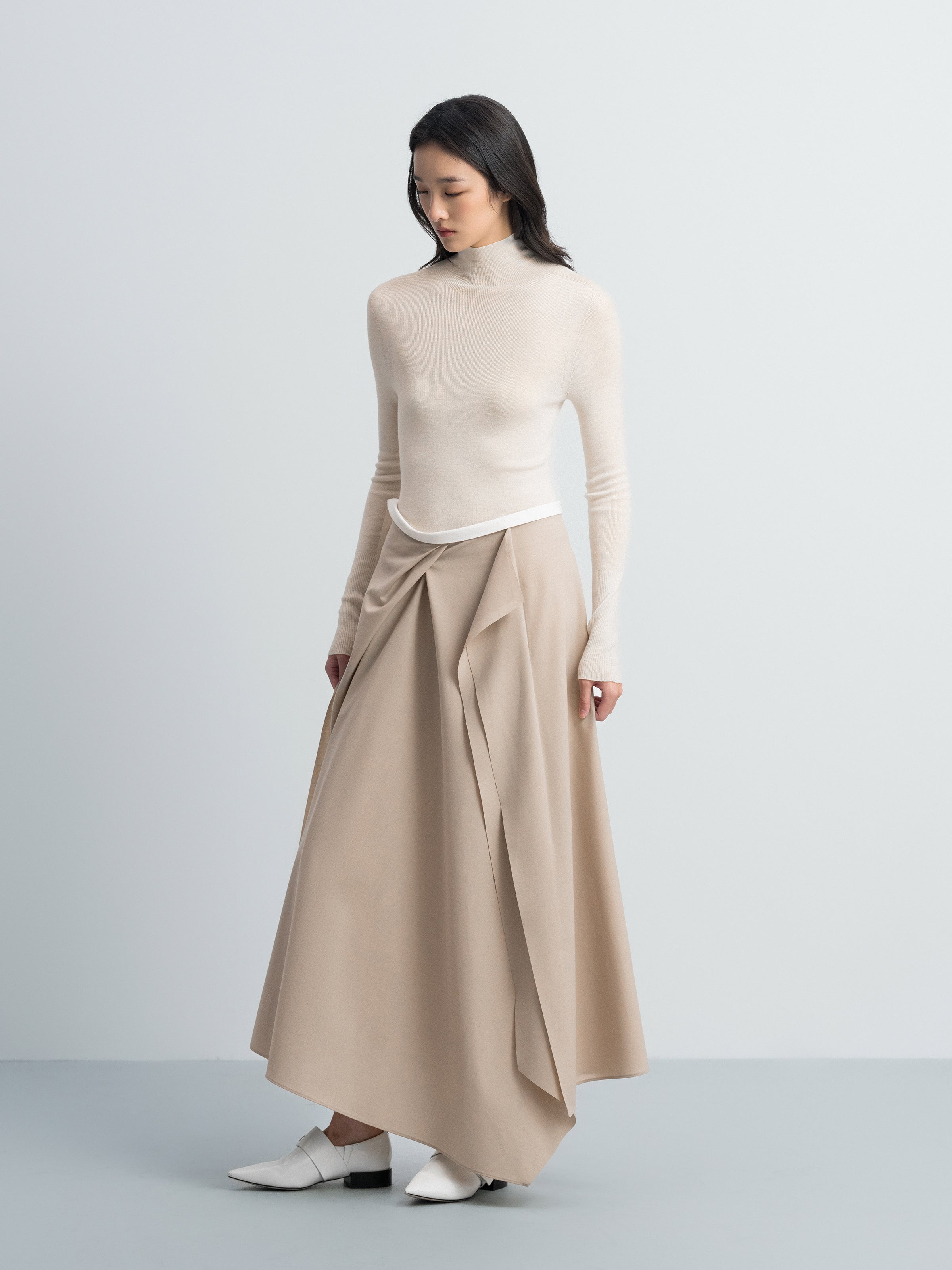 Light Khaki Worsted Wool A-Line Front Pleat Skirt