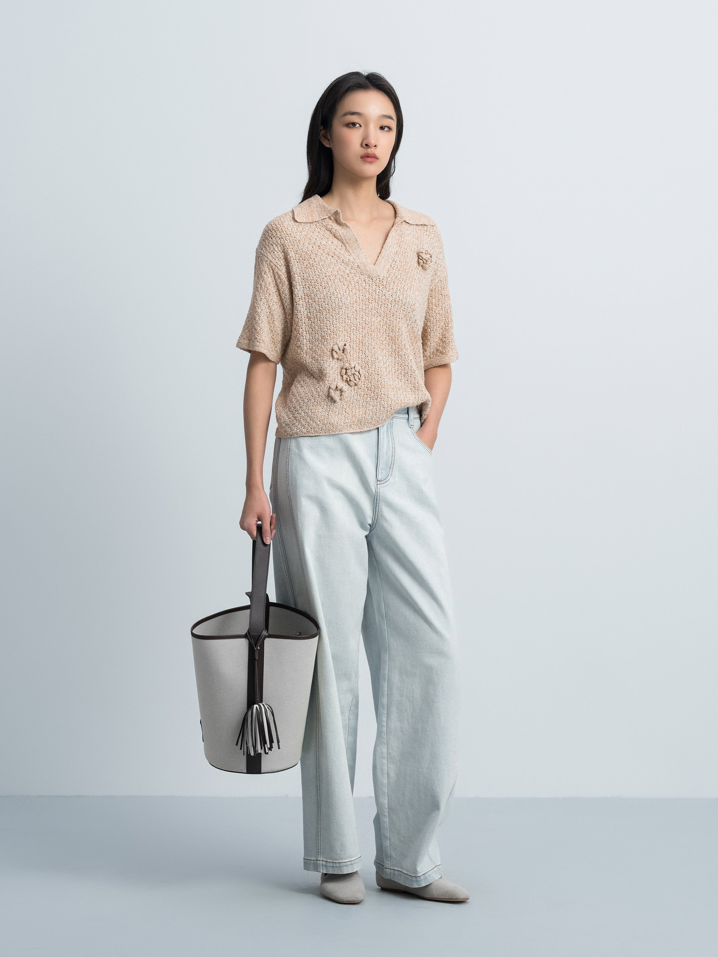 Beige Woven Canvas Leather Splice Cylindrical Bucket Bag