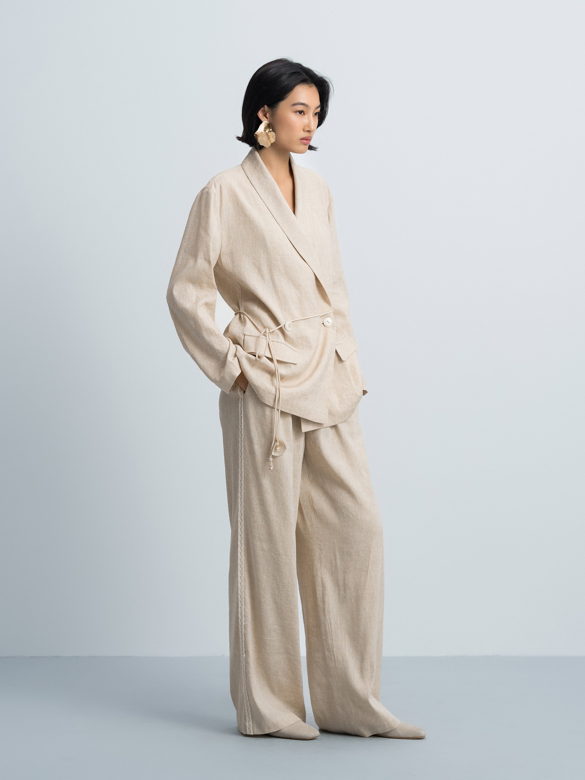 Oatmeal Linen Blend Double Pleat Wide-Leg Trousers
