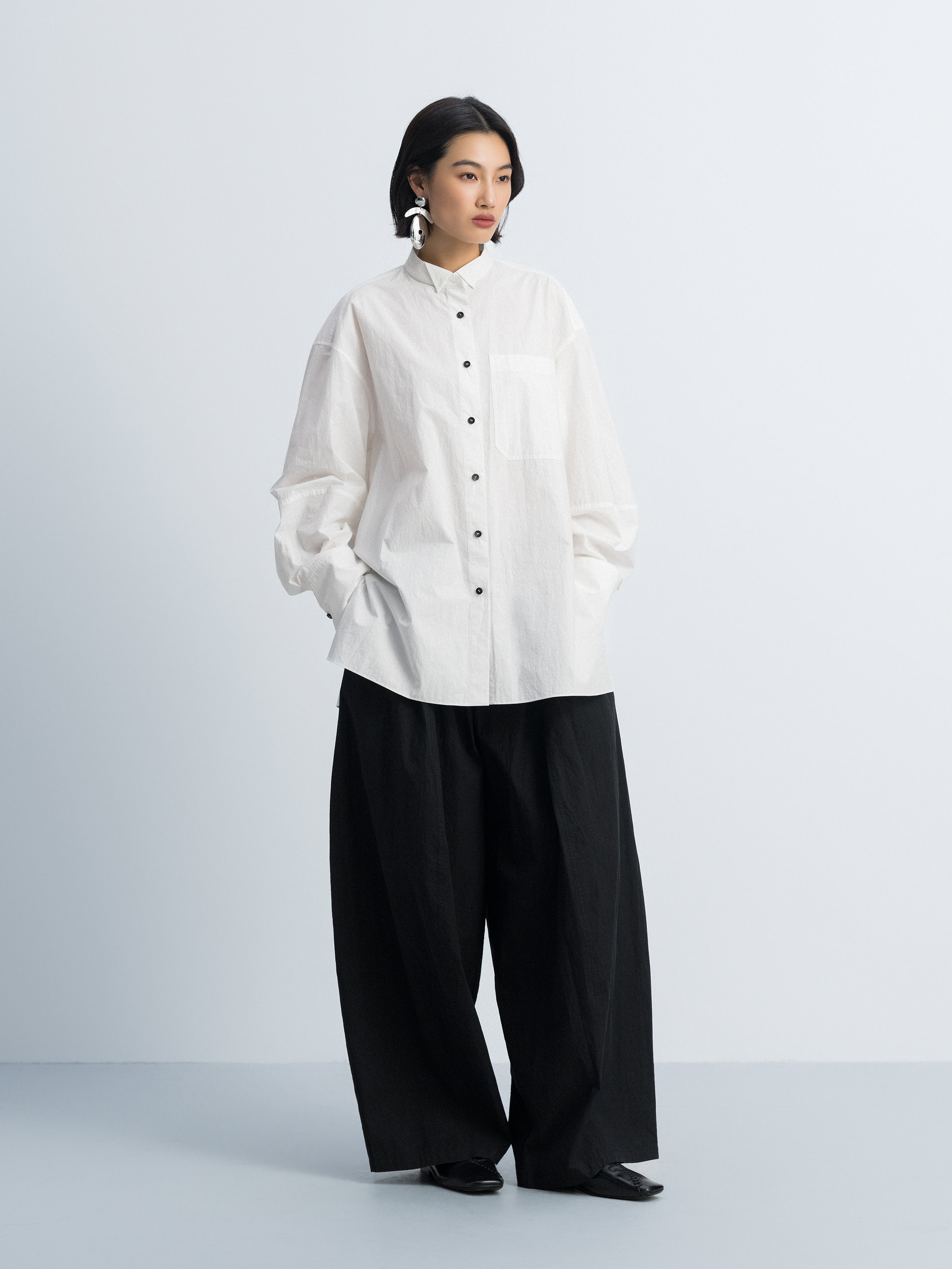 Off White Cotton Crinkle Contrast Button Side Slit Shirt
