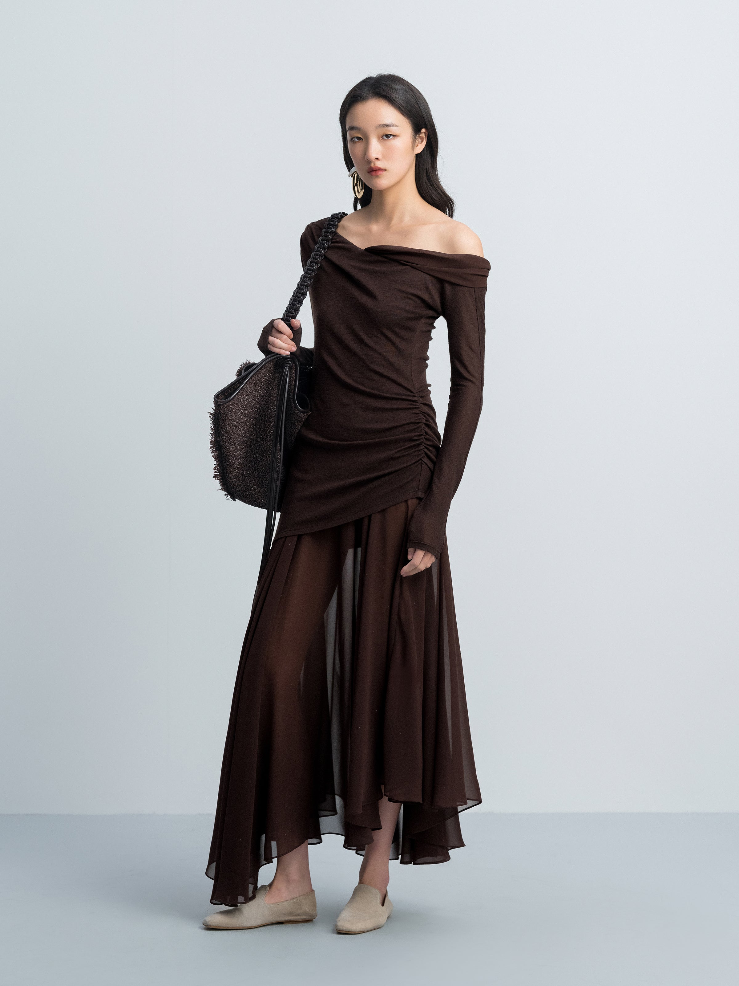 Coffee Brown Knit Silver Foil Chiffon One-Shoulder Long-Sleeve Dress