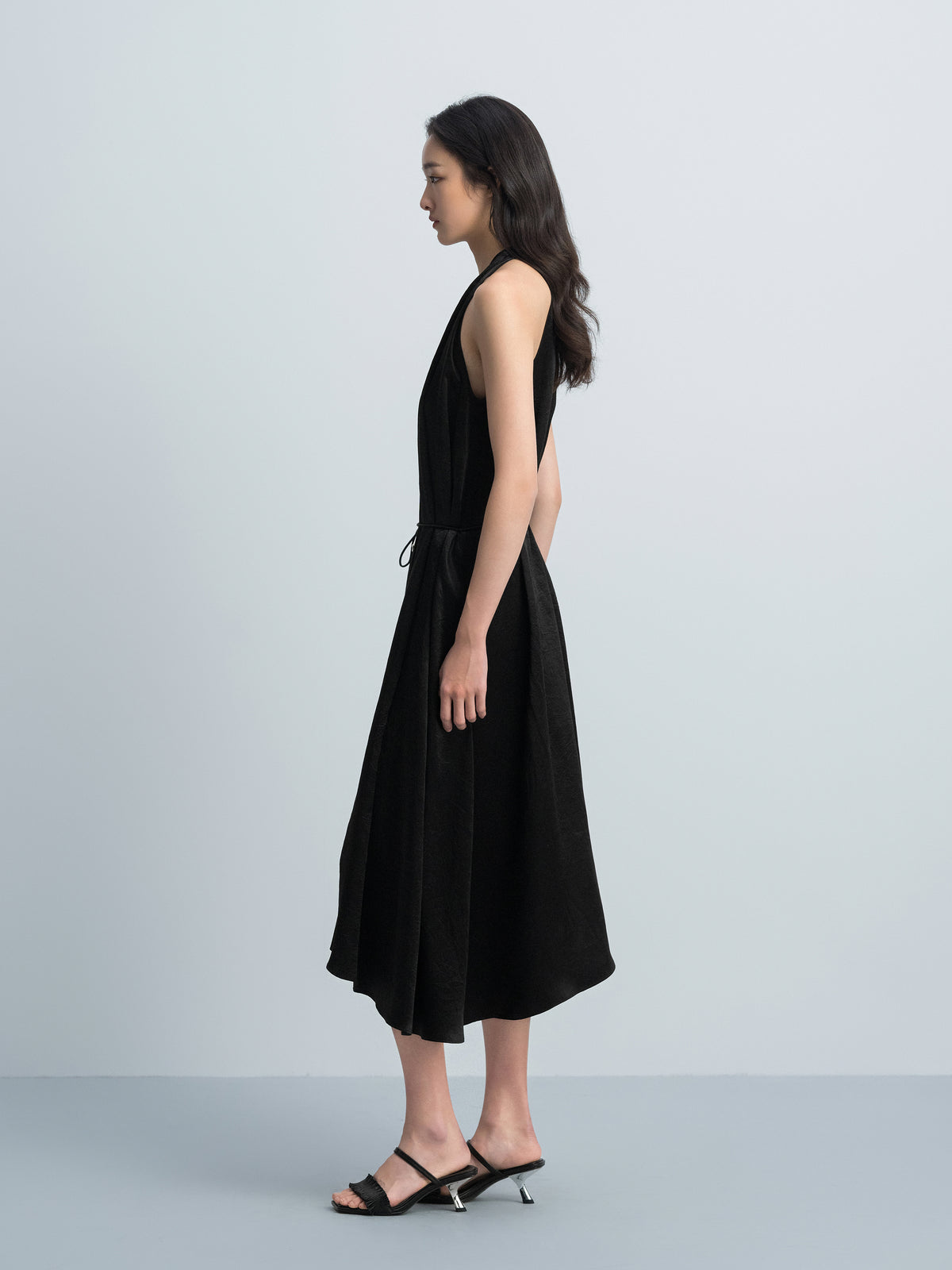 Black Acetate Satin Halter V-Neck Belt Waist Sleeveless Dress