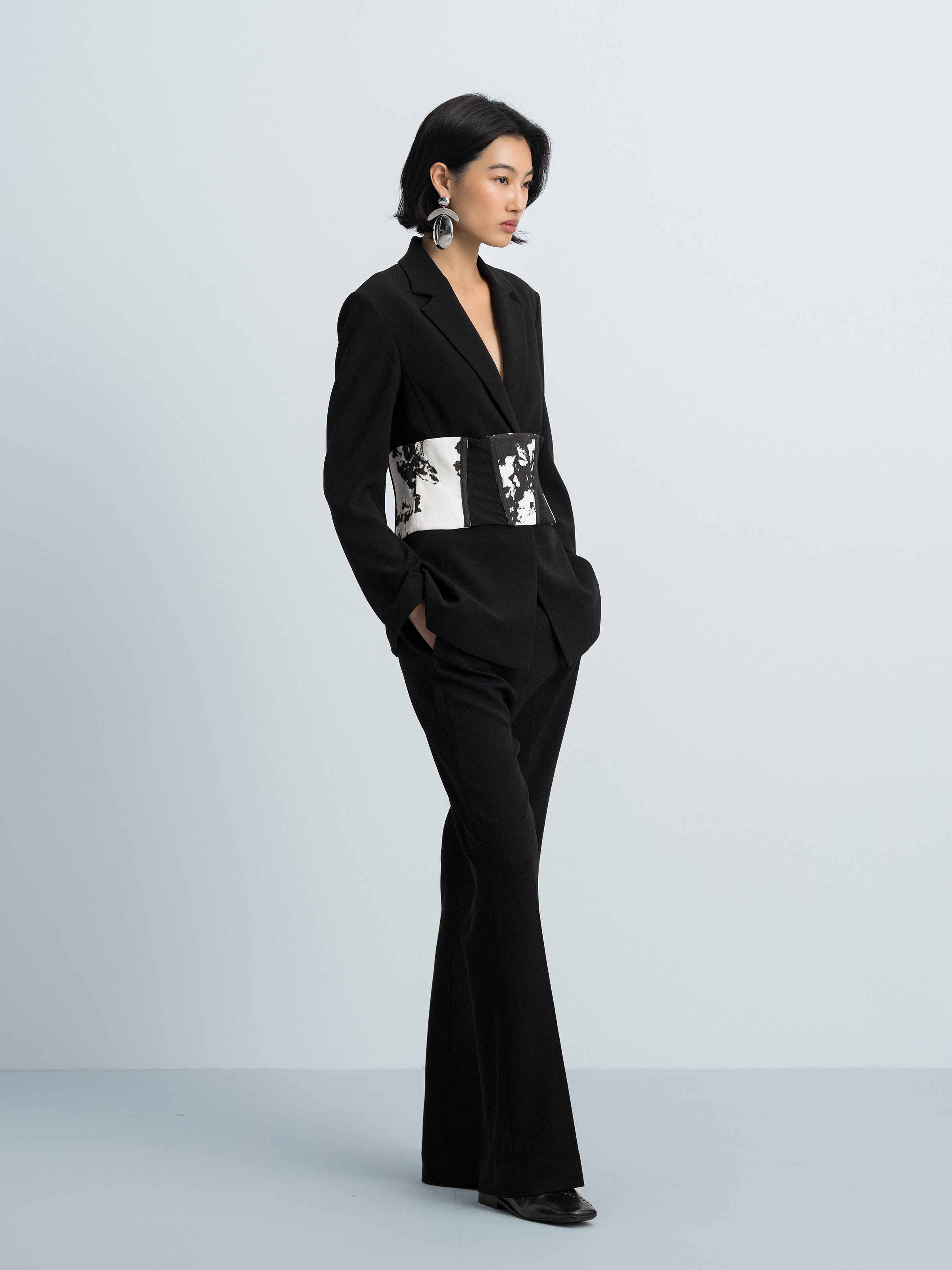 Black Triacetate Polyester Fitted Waist Detachable Belt Blazer