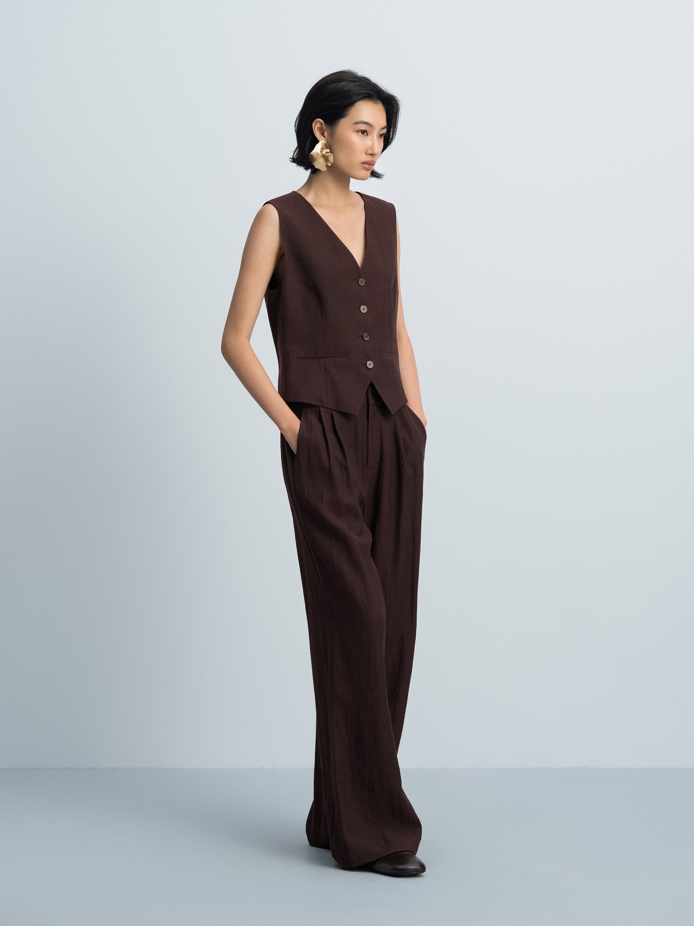 Coffee Brown Linen Blend Elastic Back Wide-Leg Trousers