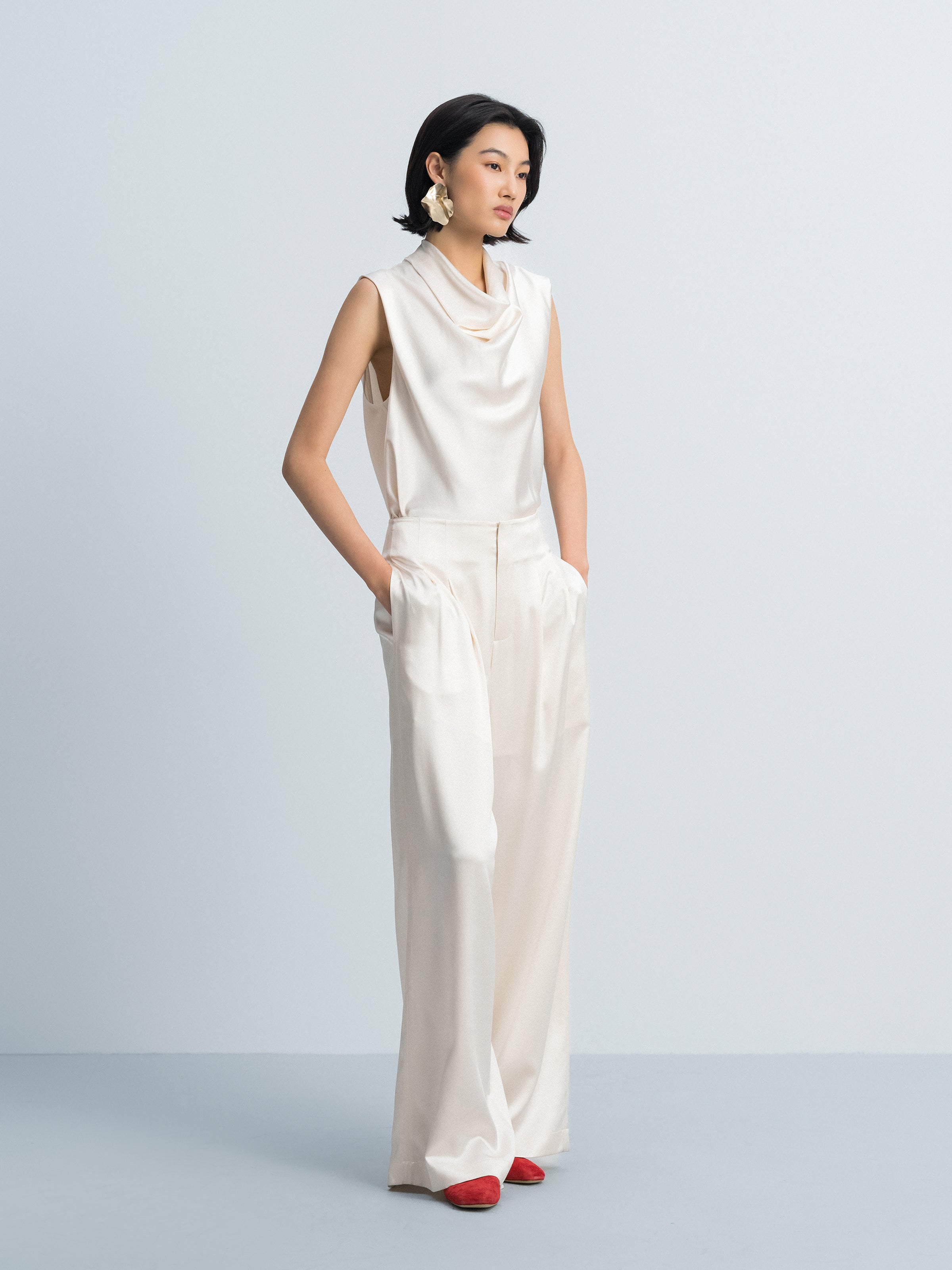 Beige Yellow Mulberry Silk Satin Double Pleat Wide-Leg Trousers