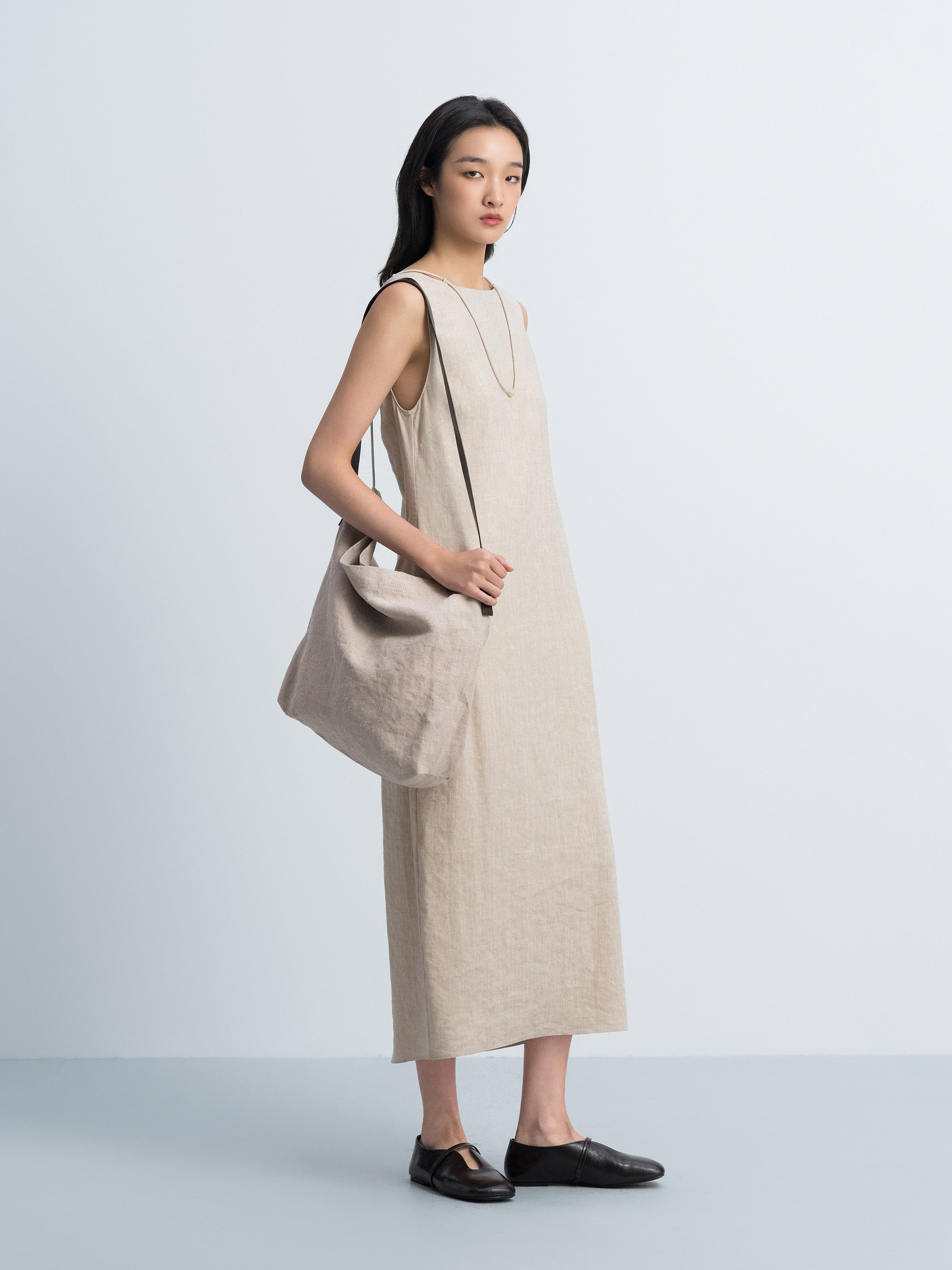Oatmeal Linen Blend V Knot Back Cocoon Sleeveless Dress