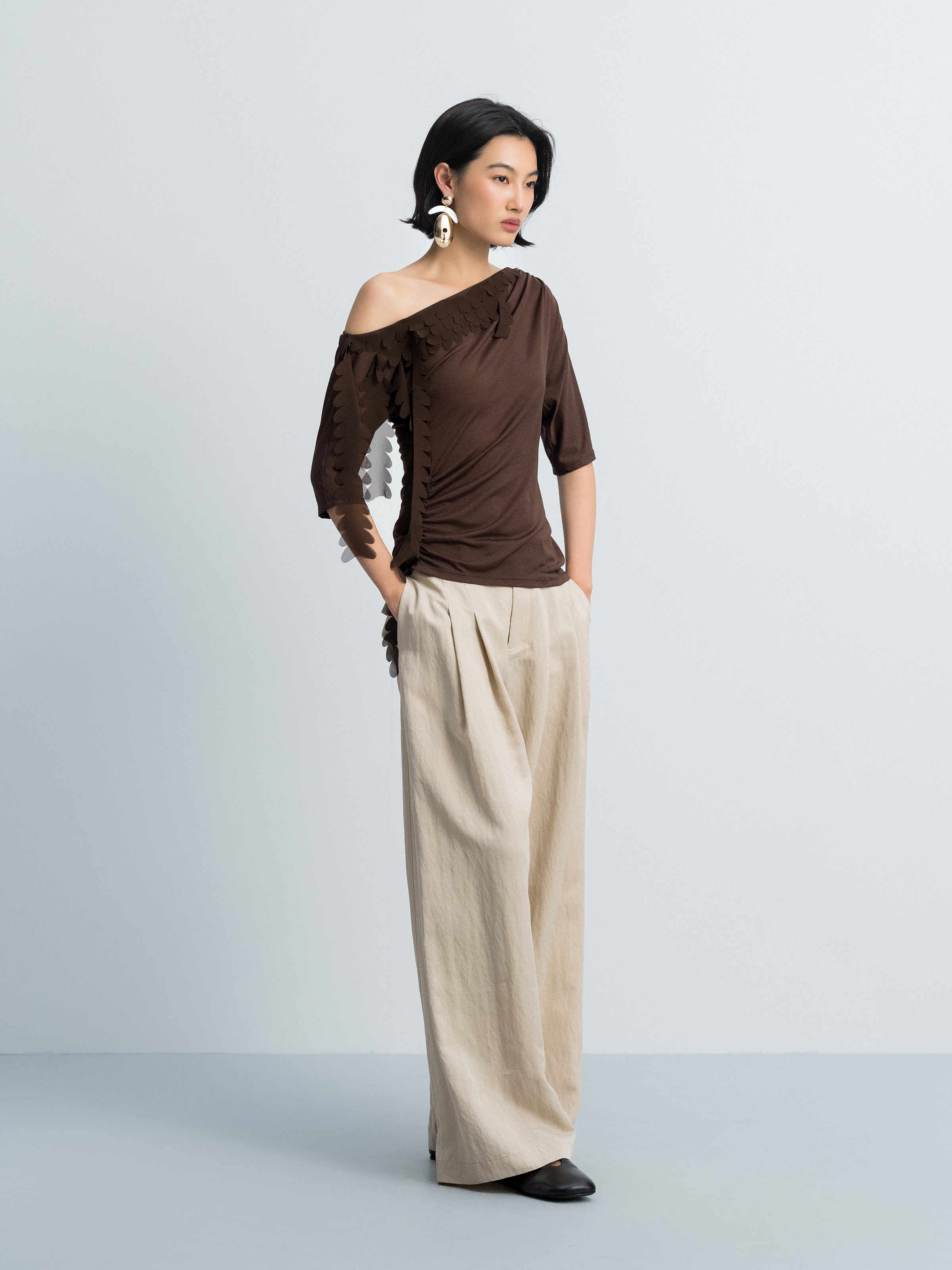 Brown Acetate Poly Knit One-Shoulder Ruching Elbow-Sleeve Top