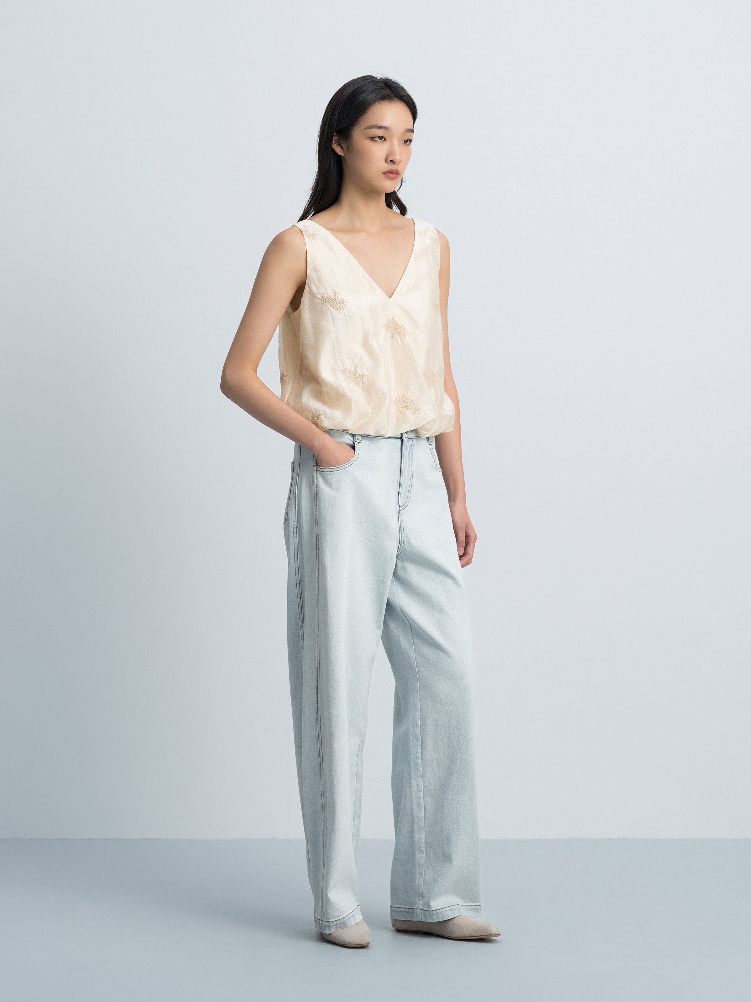 Beige Yellow Lyocell Blend V-Neck Elastic Hem Top