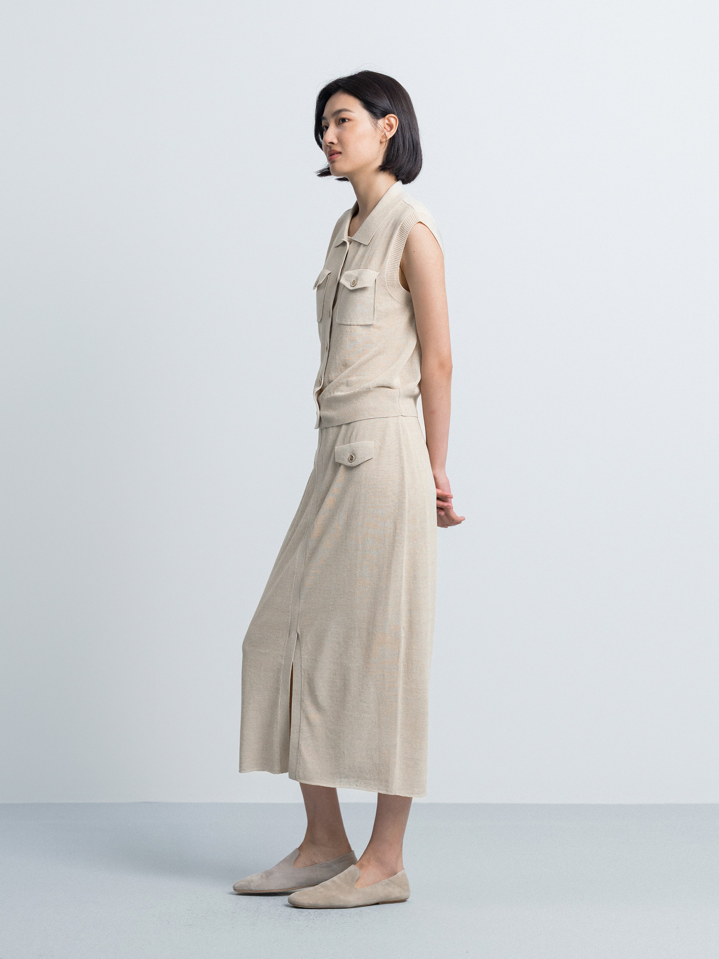 Beige Cotton Linen Knit Fitted Utility Pocket Cardigan