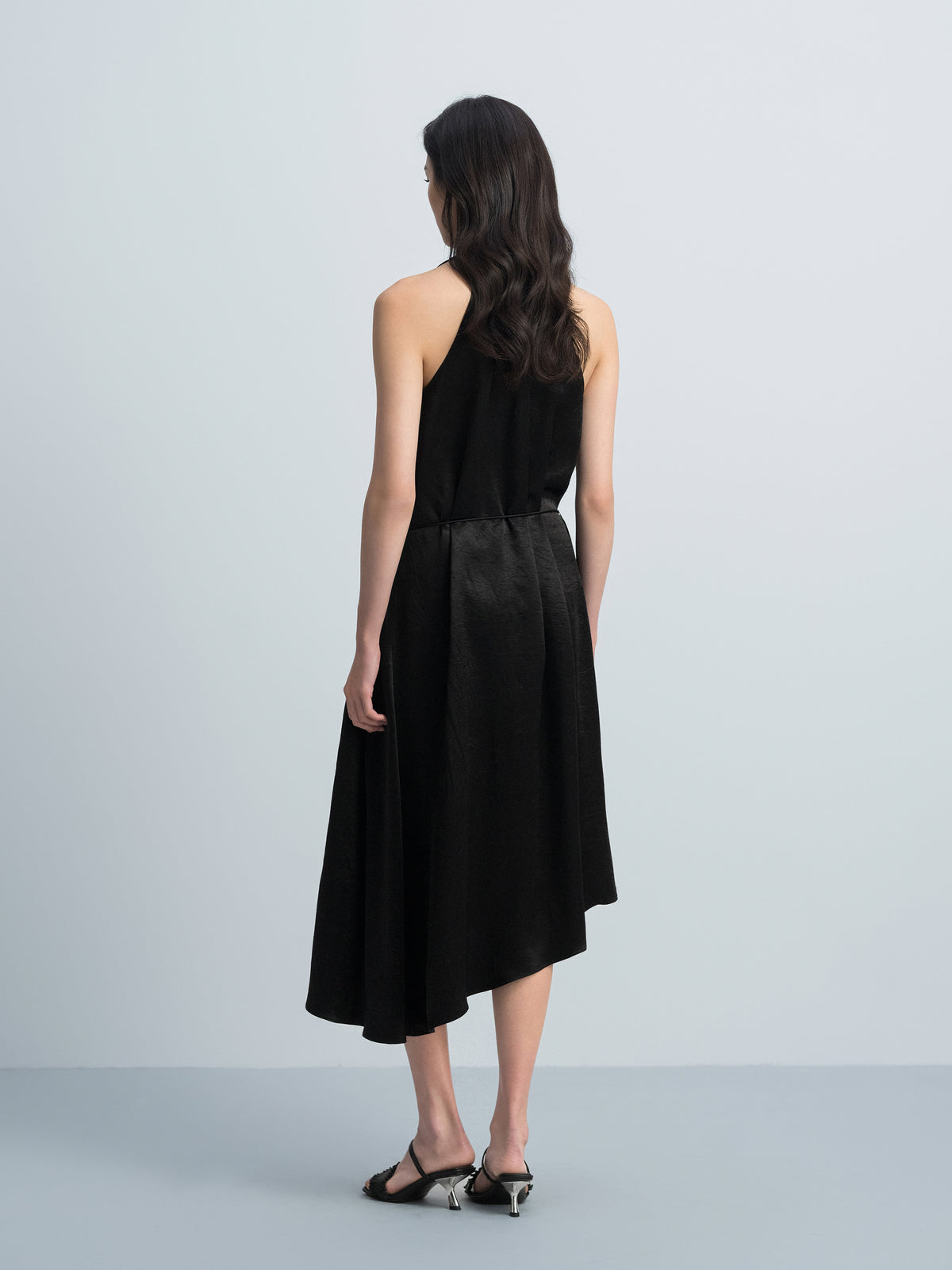 Black Acetate Satin Halter V-Neck Belt Waist Sleeveless Dress