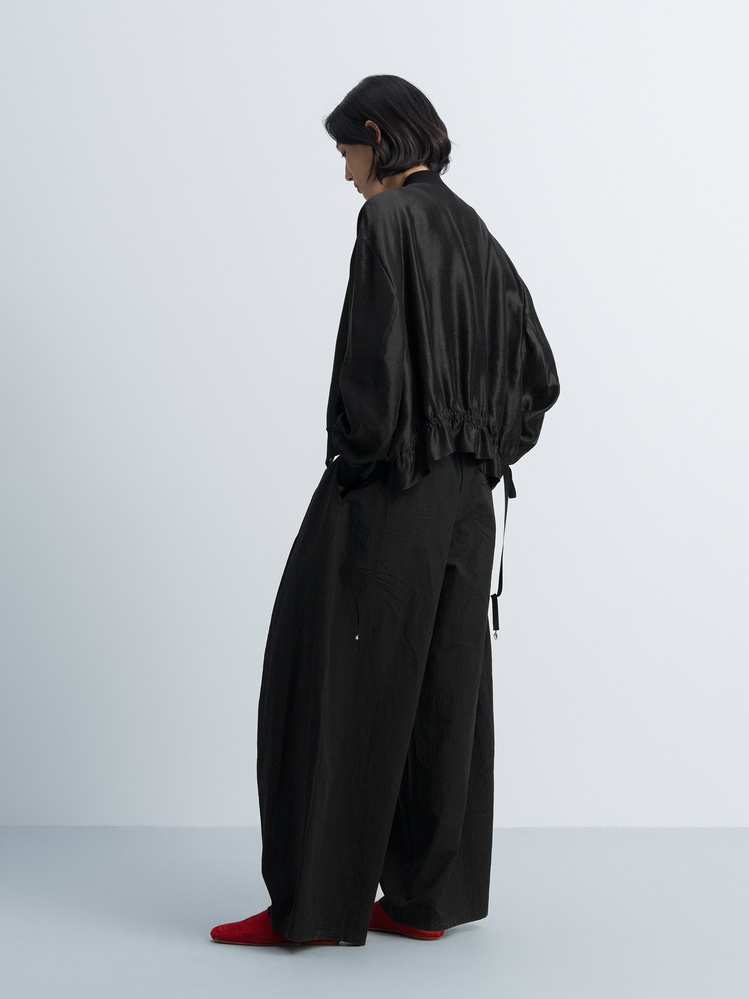 Black Shiny Silk Cropped Drop-Shoulder Drawstring Jacket