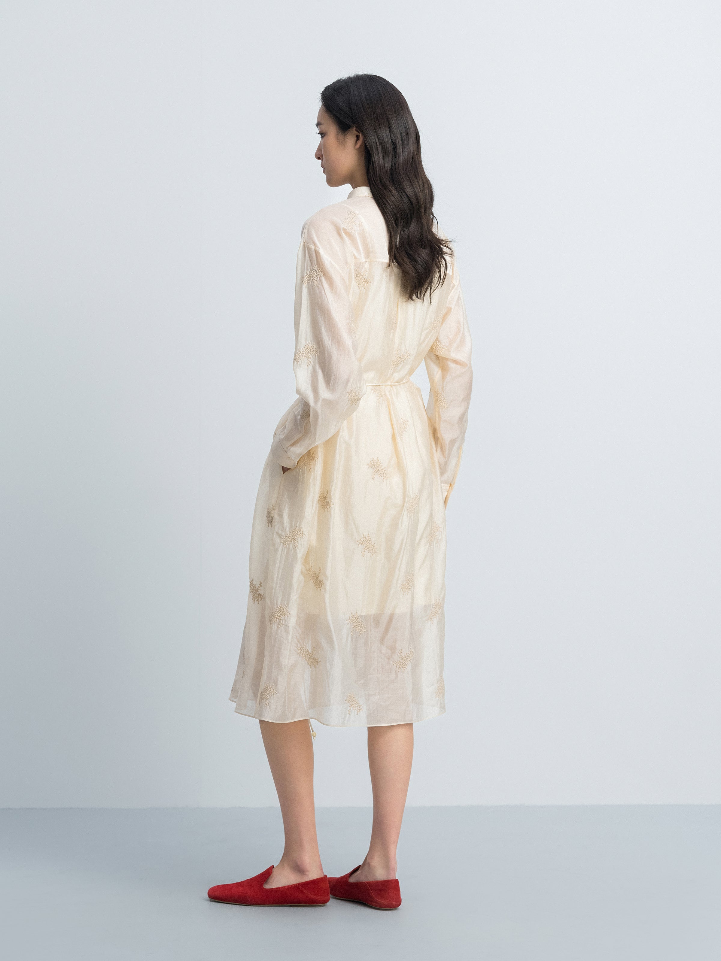 Beige Yellow Lyocell Blend Stand Collar Belt Waist Dress
