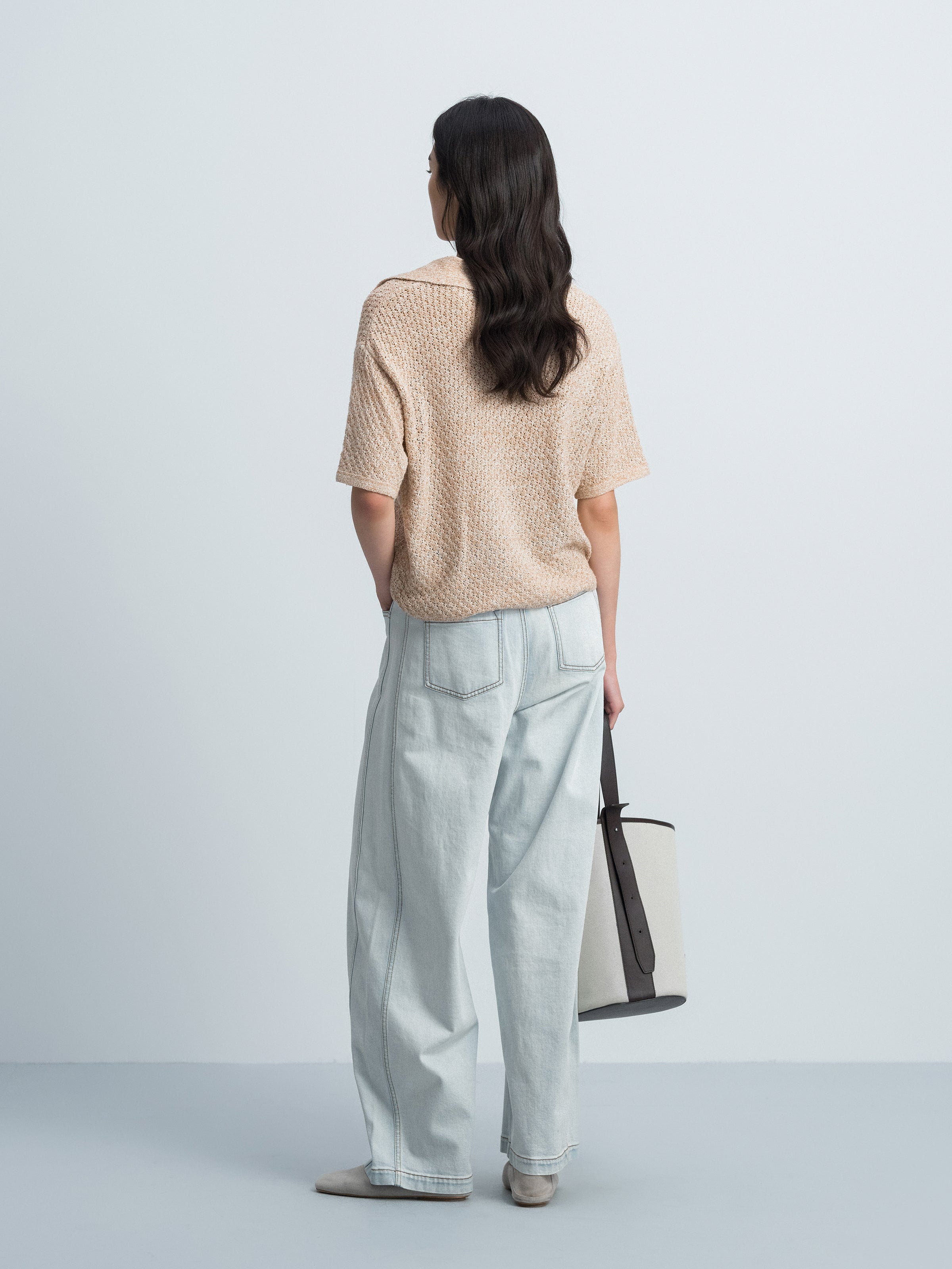 Light Blue Washed Denim Curved Relaxed Tapered Trousers