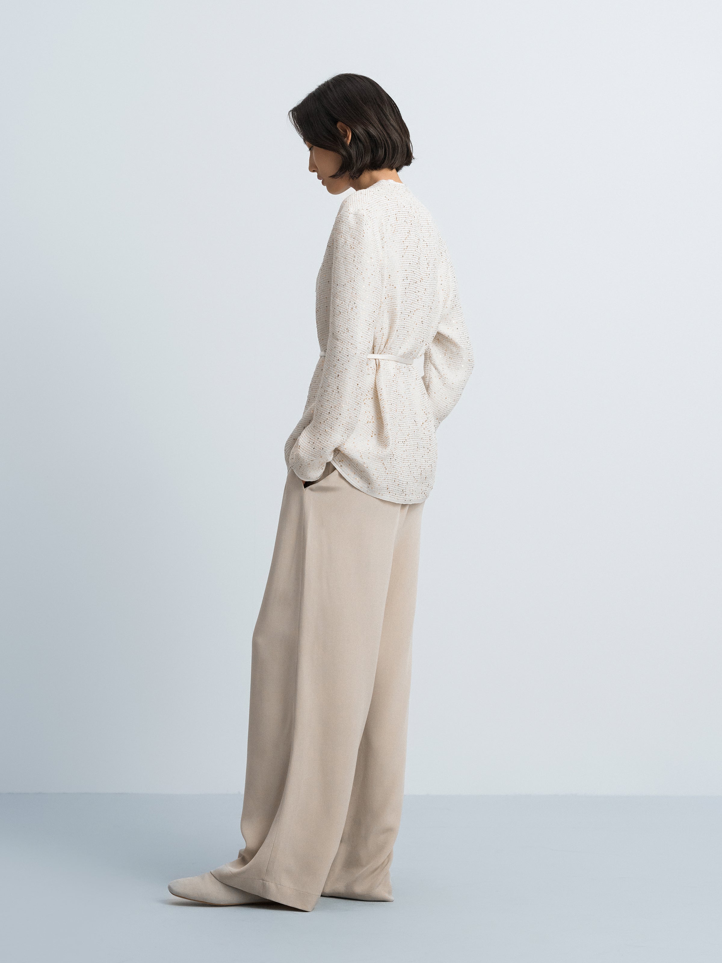 Beige Sequin Stripe V-Neck Satin Belt Blazer