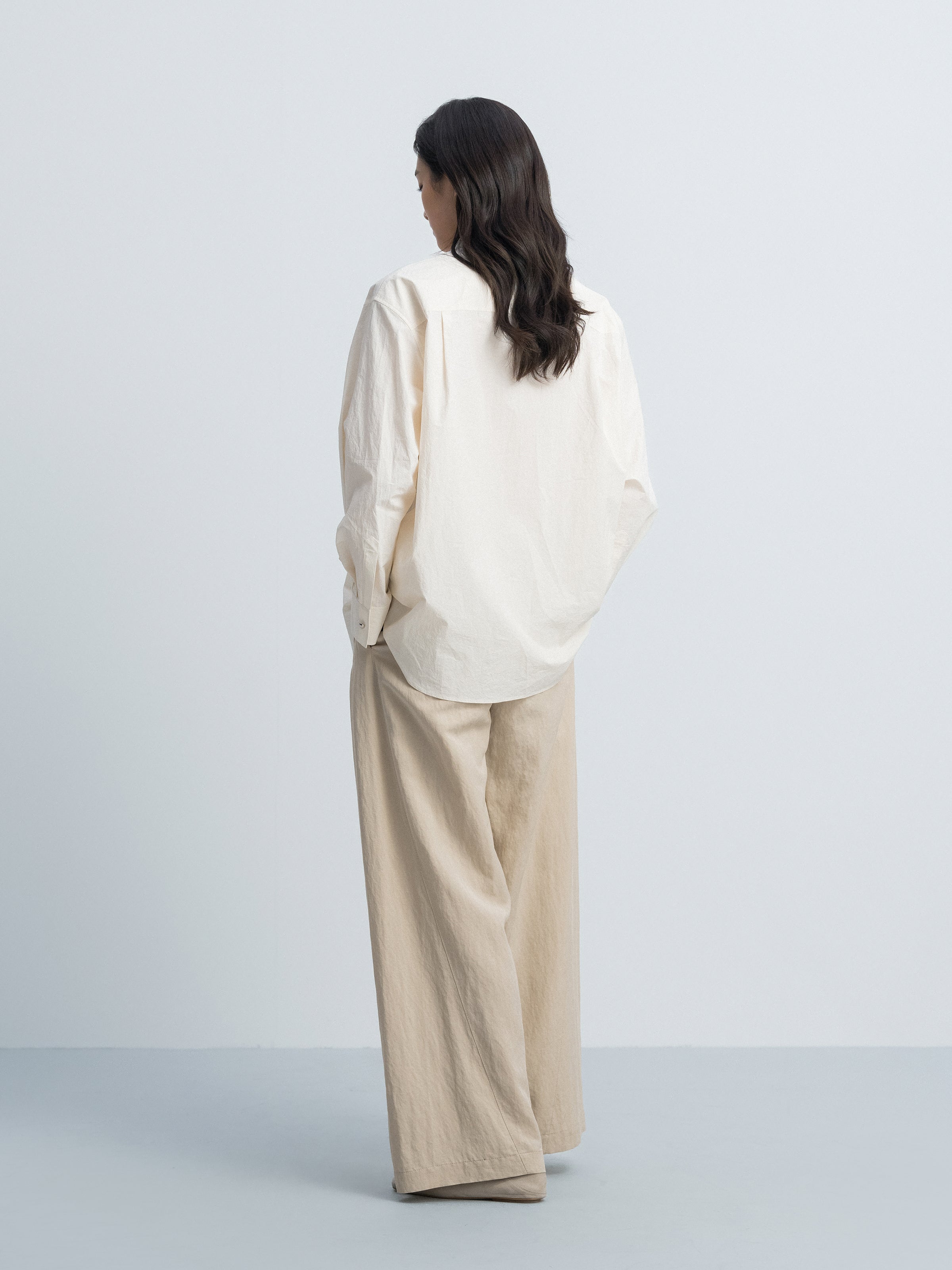 Cream White Washed Pima Cotton Stand Collar Detachable Shirt