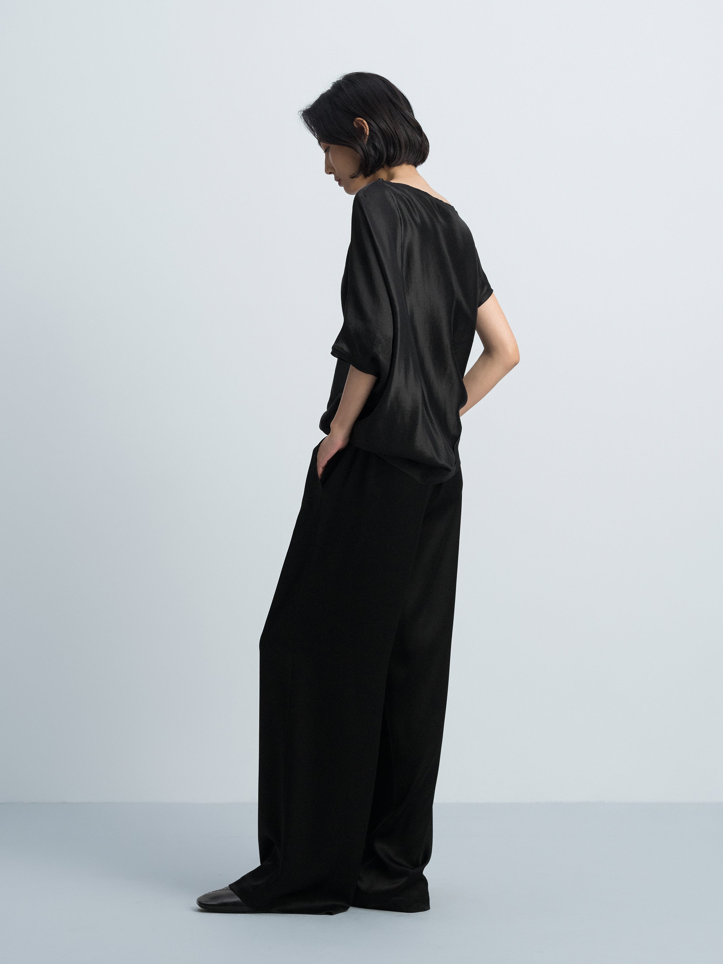 Black Water Wave Satin High-Waist Wide-Leg Trousers