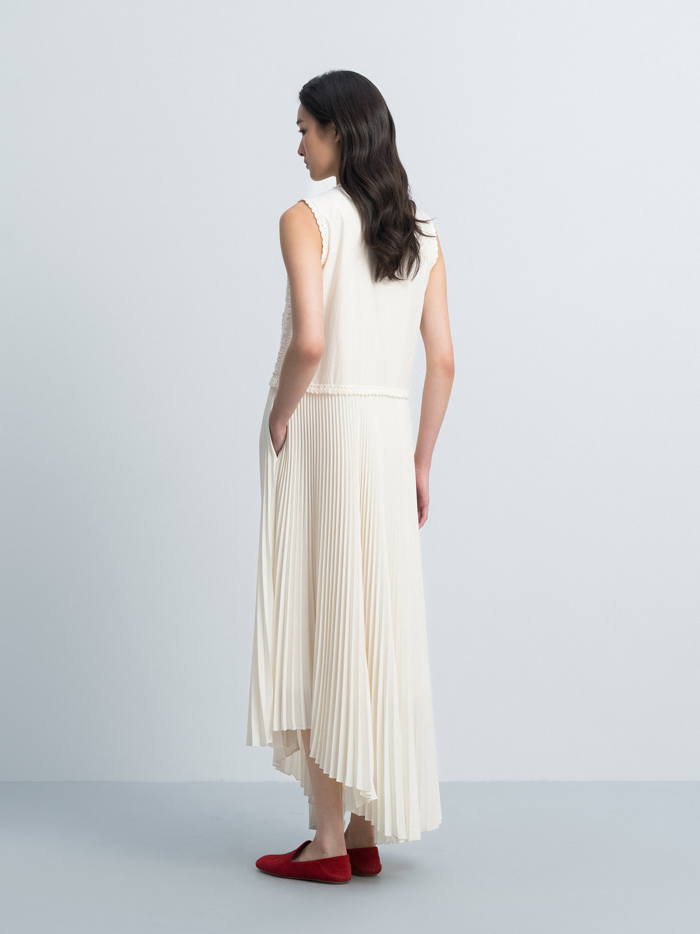 Cream White Pima Cotton Crocheted Flower Splice Sleeveless Dress