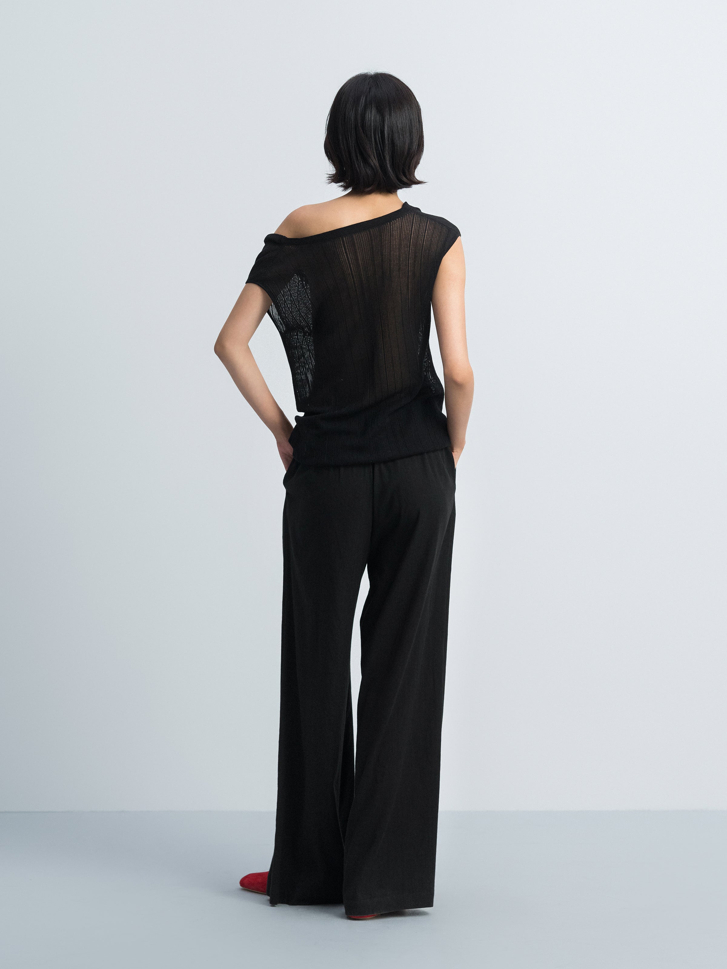 Black Triacetate Tencel One-Shoulder Jacquard Knit Sweater