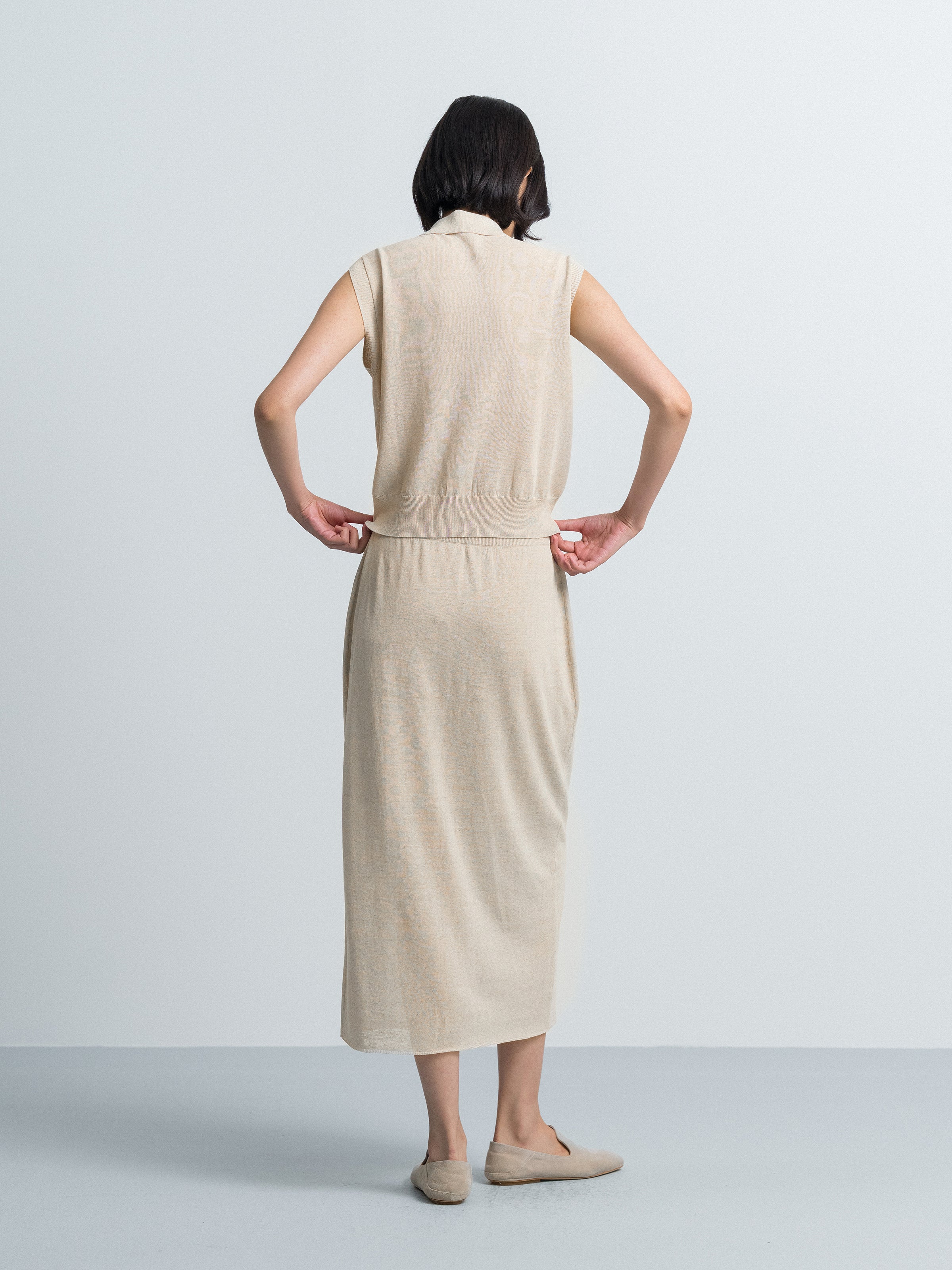Beige Cotton Linen Knit Straight Patch Pocket Midi Skirt