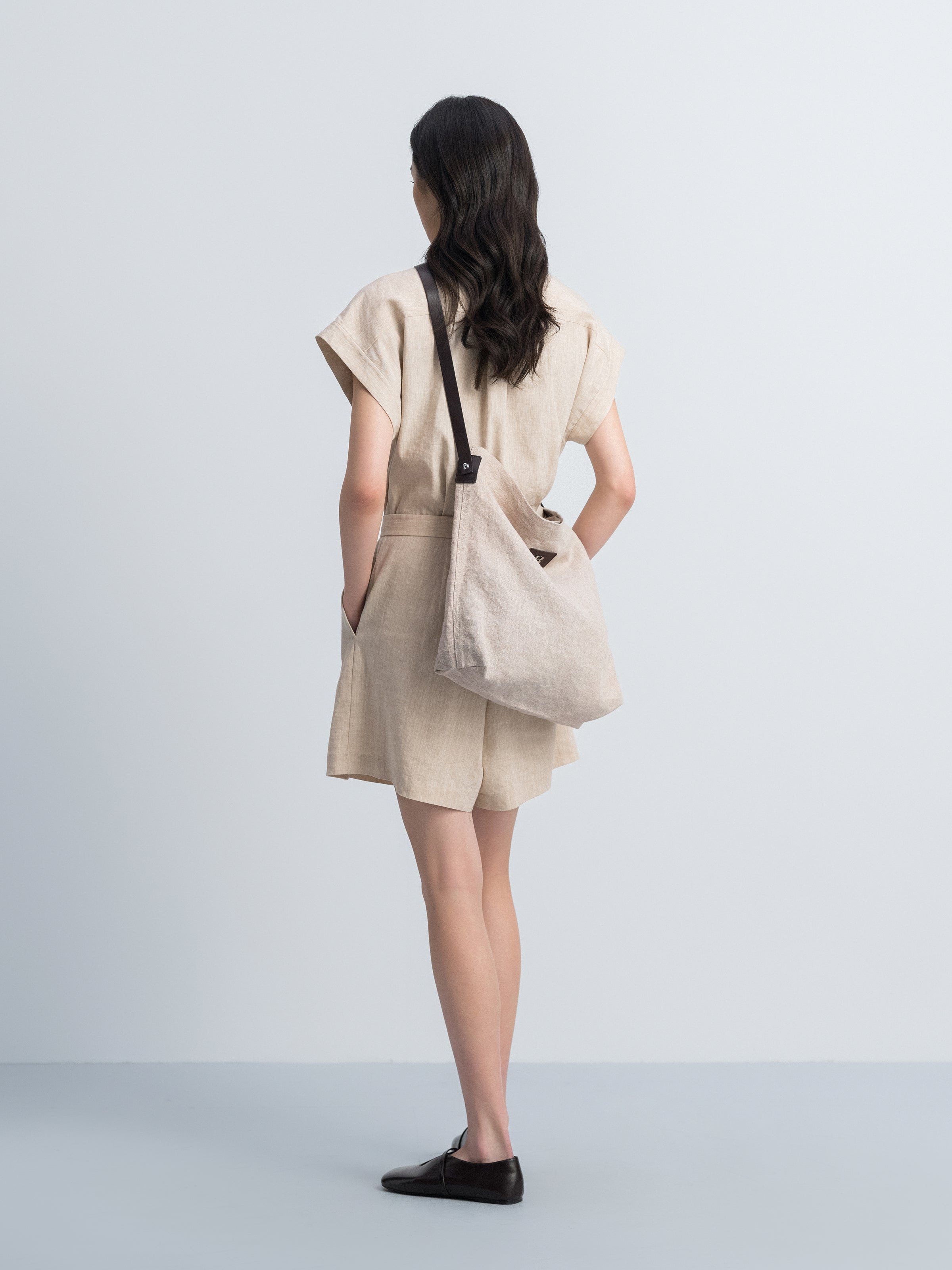 Oatmeal Linen Blend Drop-Shoulder D-Ring Belt Romper