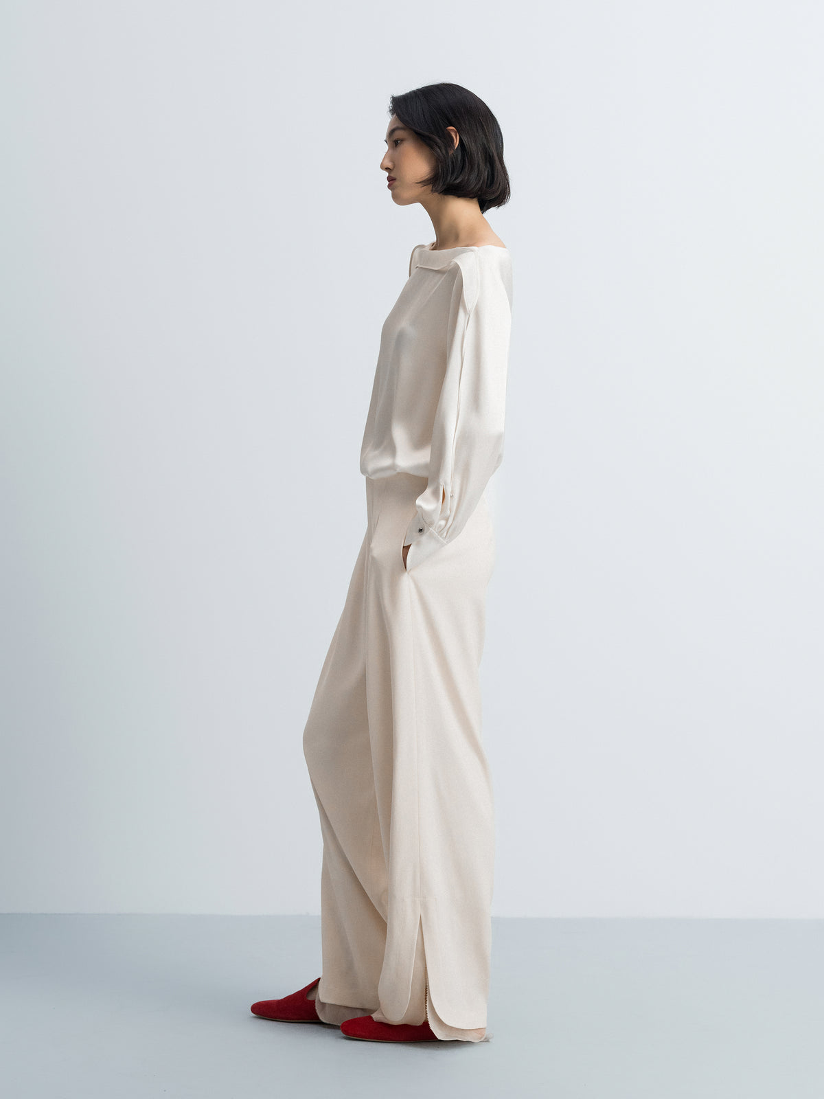 Cream White Acetate Satin Boat Neck Crossover Top