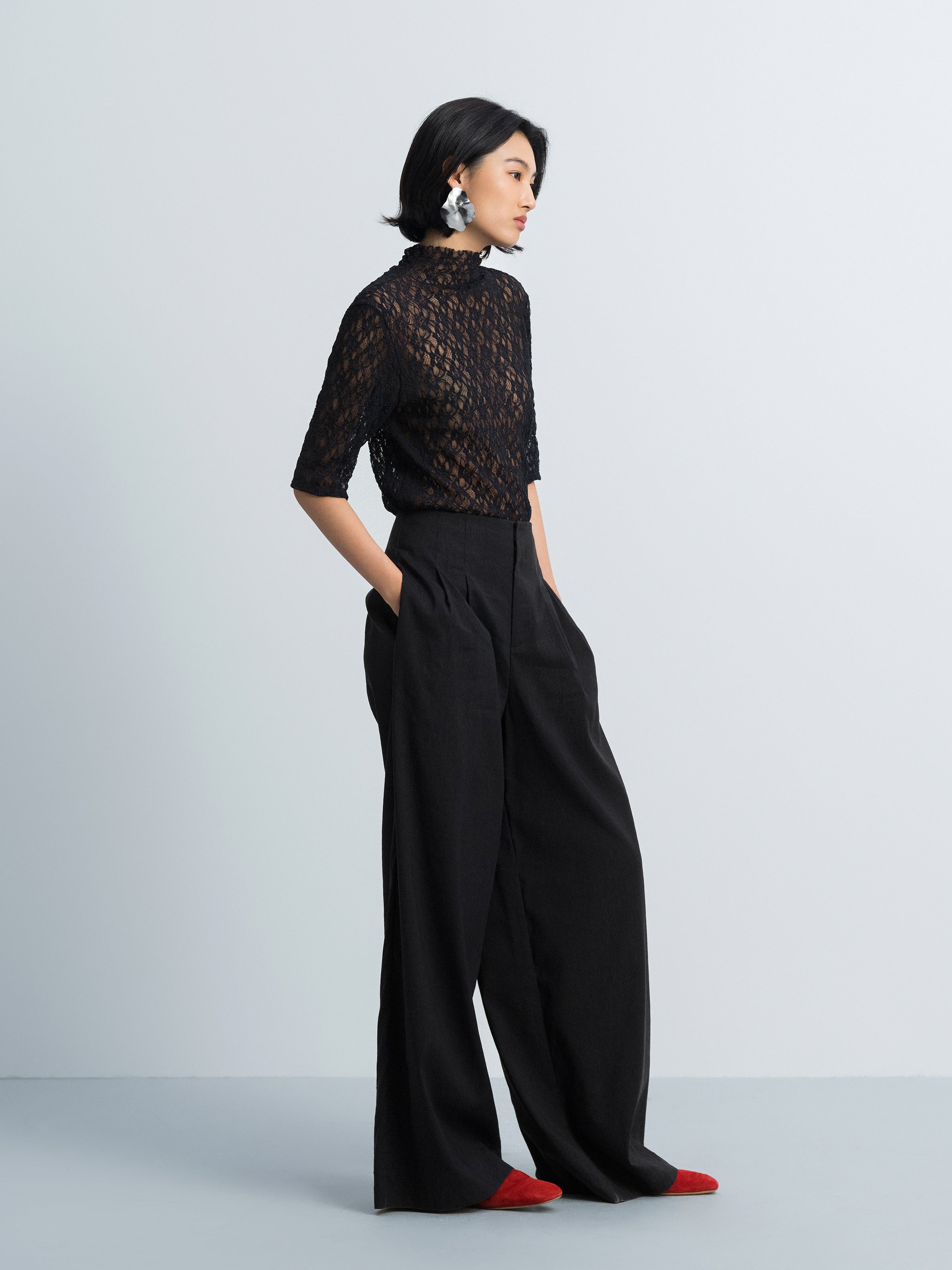 Navy Blue Stretch Lace Semi-High Neck Elbow-Sleeve Top