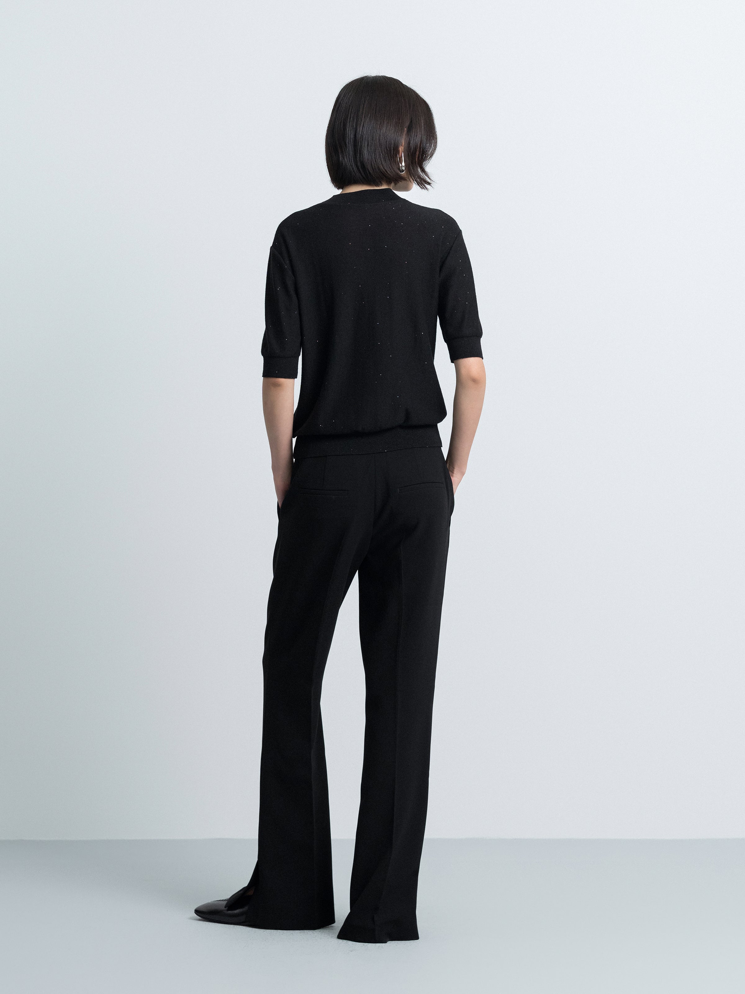 Elbow-Sleeve Knit Sweater with Sequin Fabric