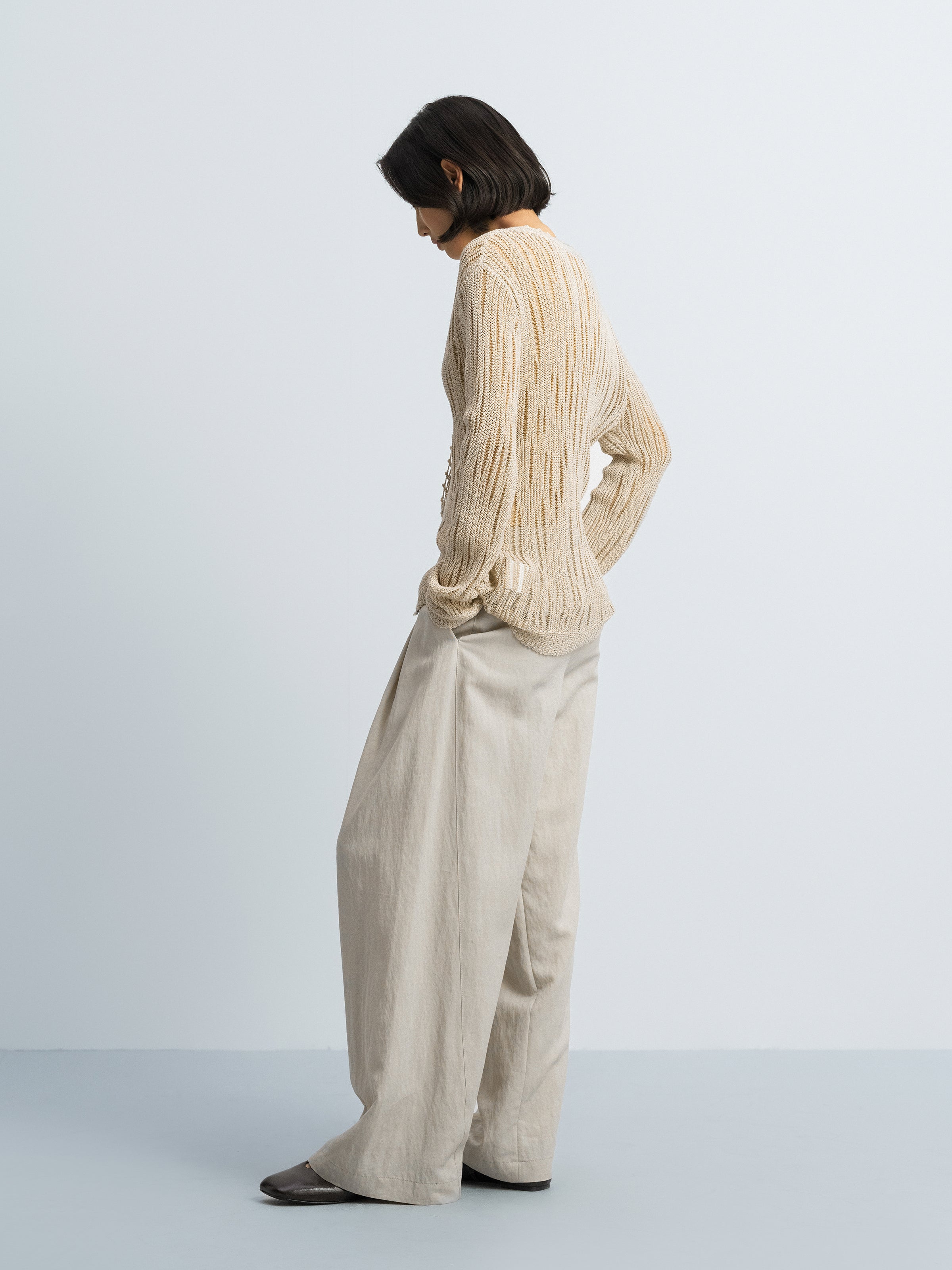Light Khaki Openwork Floral Placket V-Neck Knit Cardigan