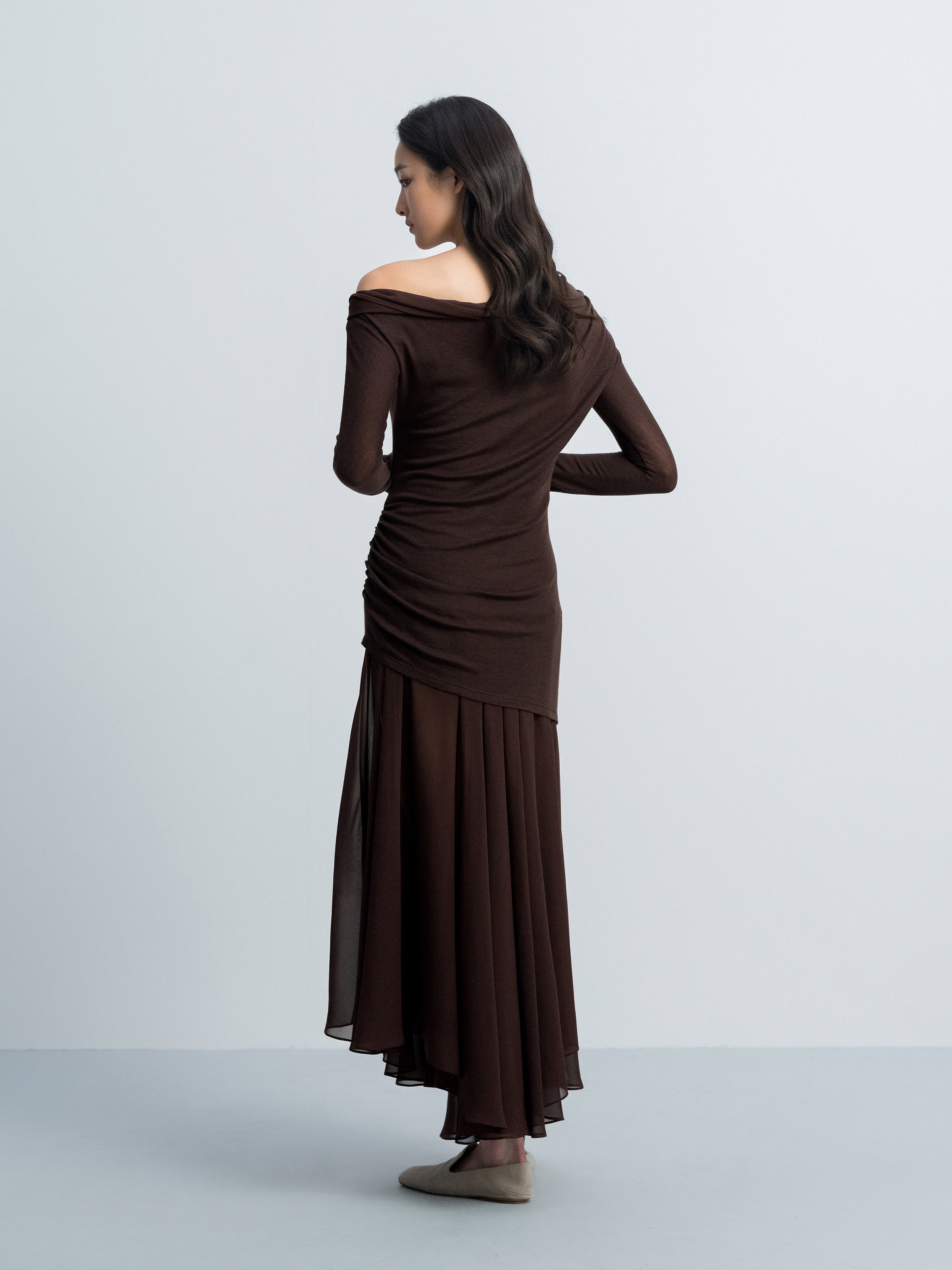 Coffee Brown Knit Silver Foil Chiffon One-Shoulder Long-Sleeve Dress