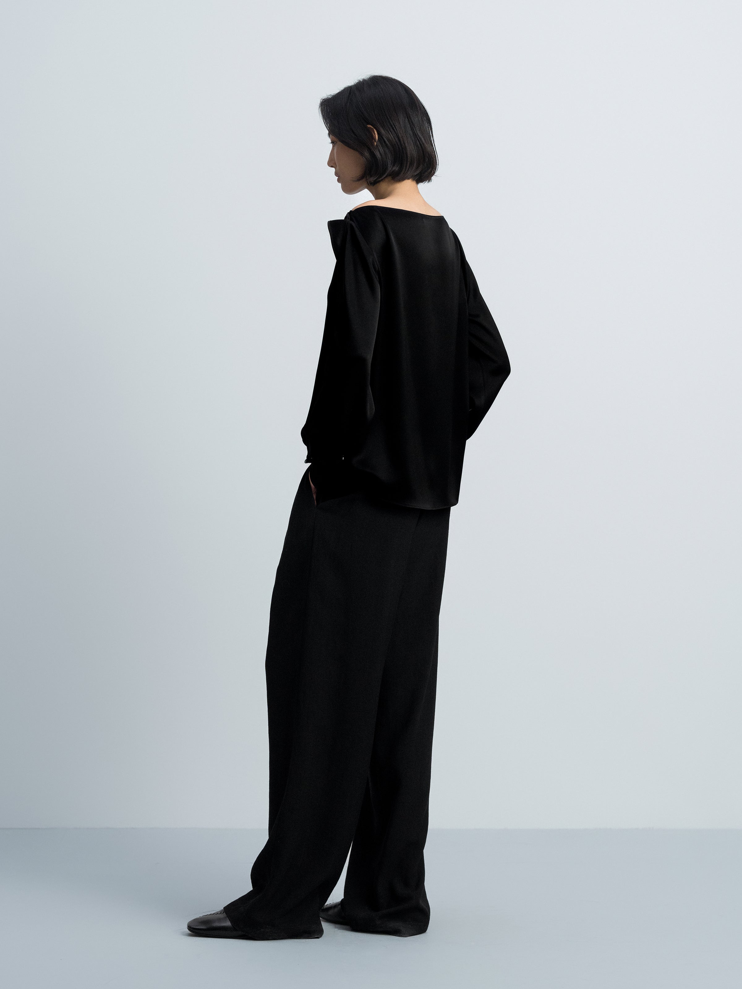 Black Acetate Double Satin Boat Neck Crossover Top