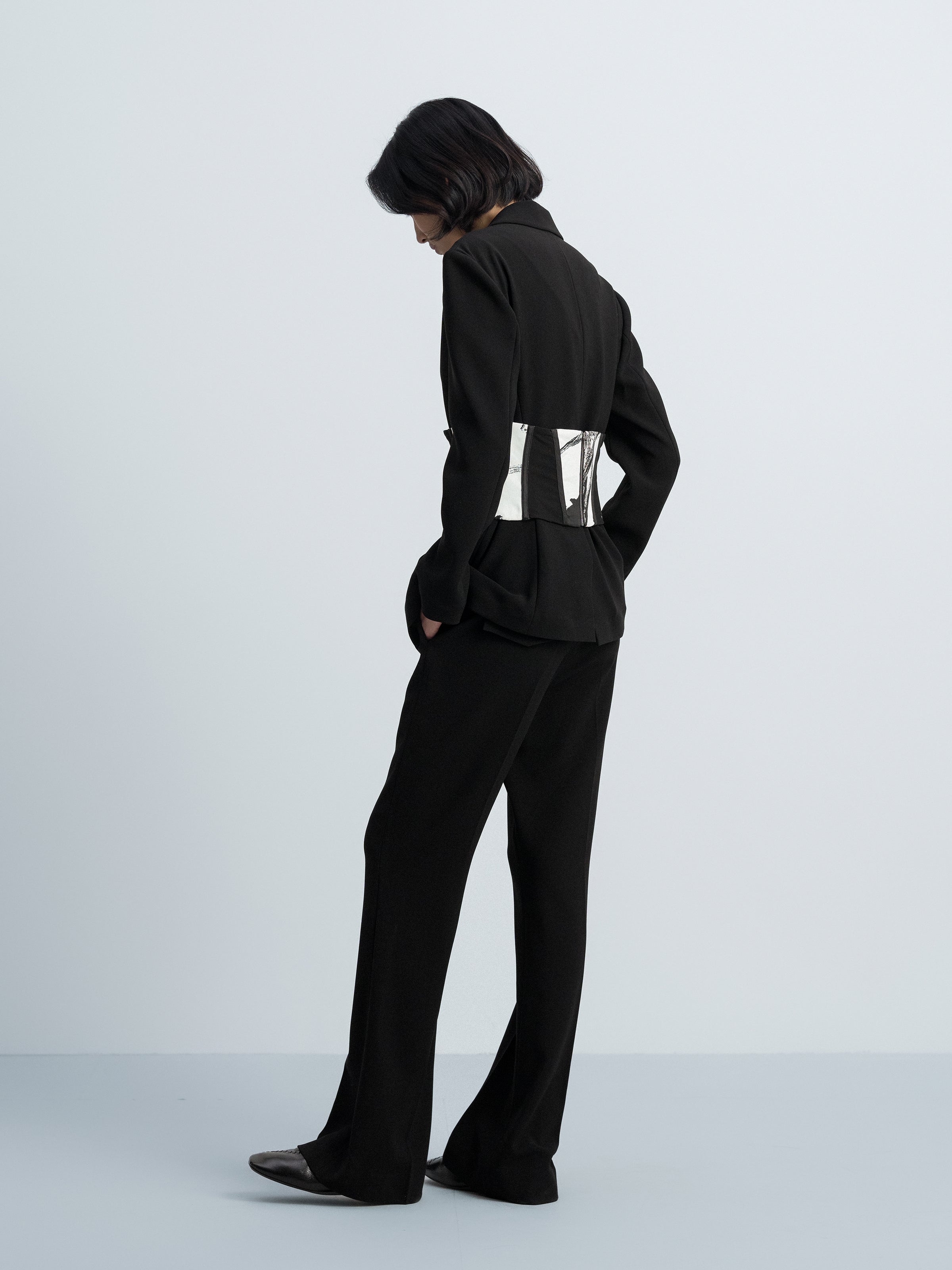 Black Triacetate Polyester Fitted Waist Detachable Belt Blazer