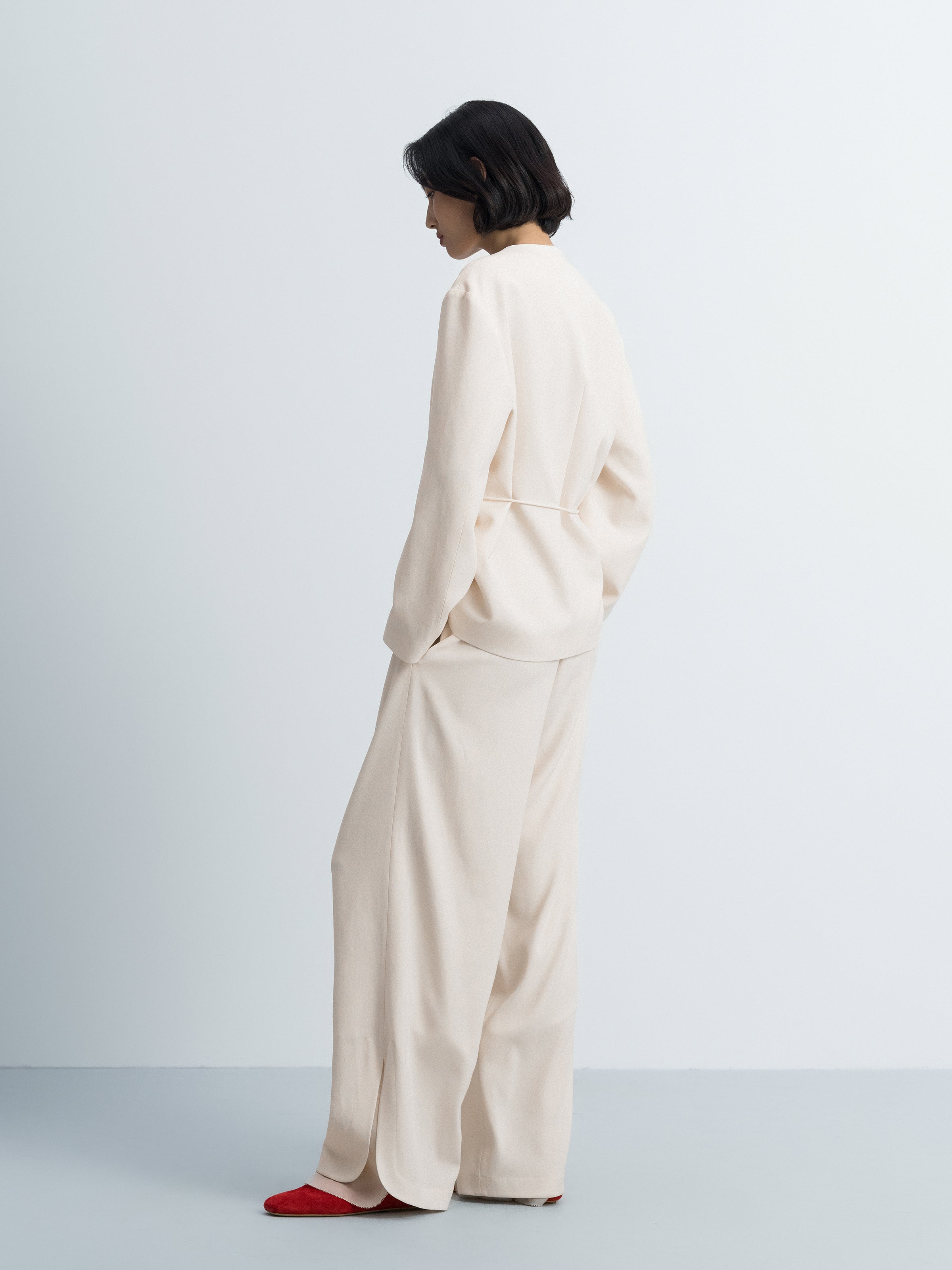 Cream White Triacetate Organza Mesh Wide-Leg Trousers