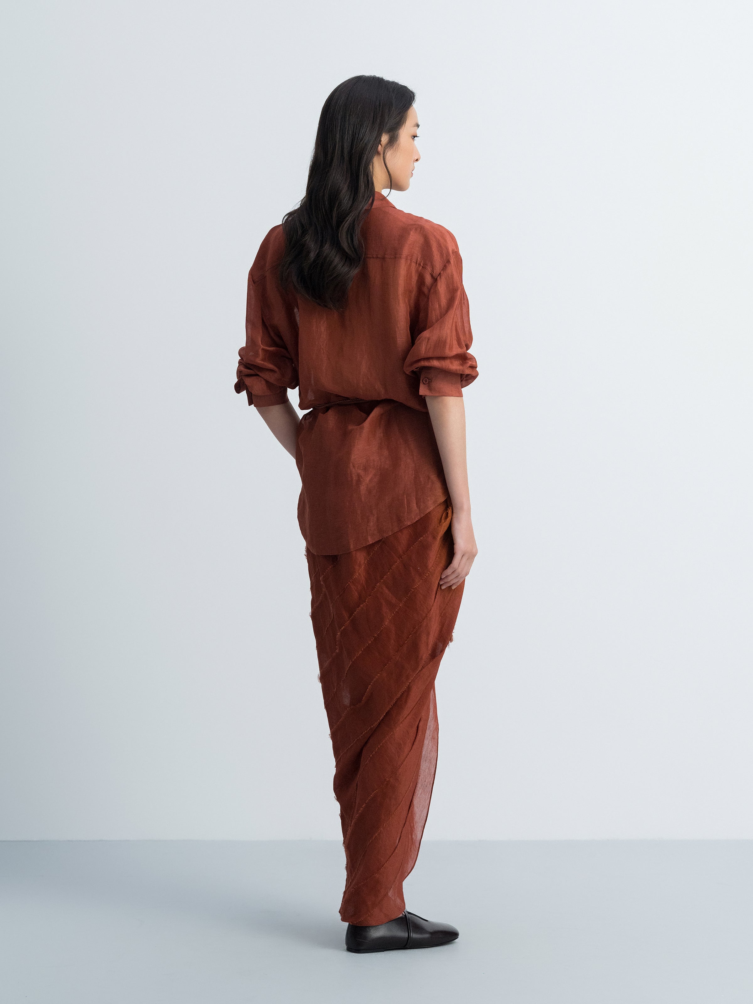 Dark Red Silk Linen Tassel Waist Irregular Cocoon Midi Skirt