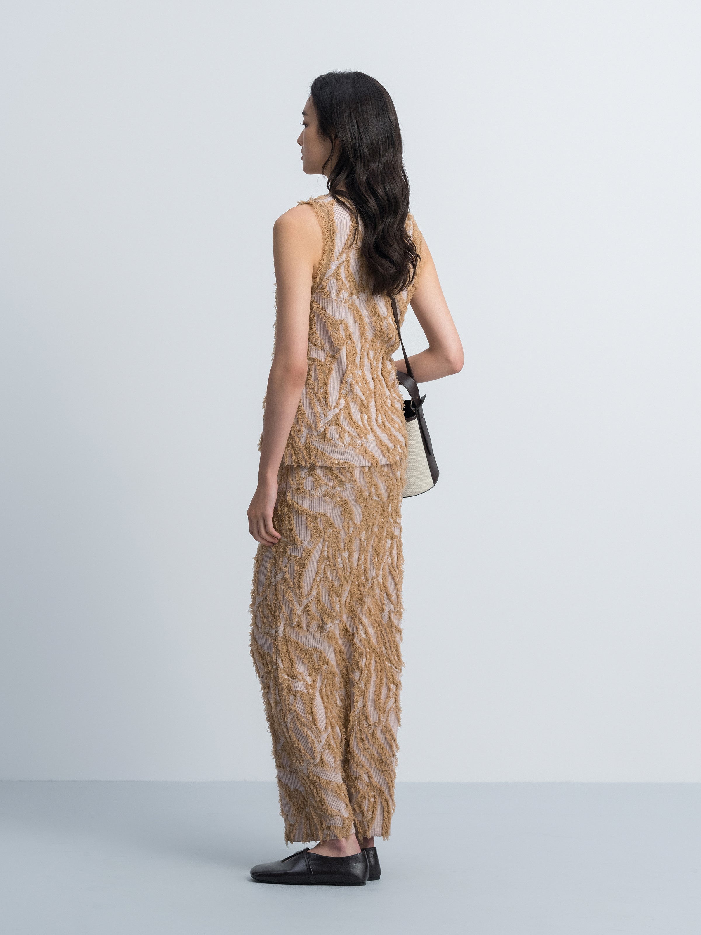 Pattern Merino Wool Fringe Jacquard U Neck Knit Vest