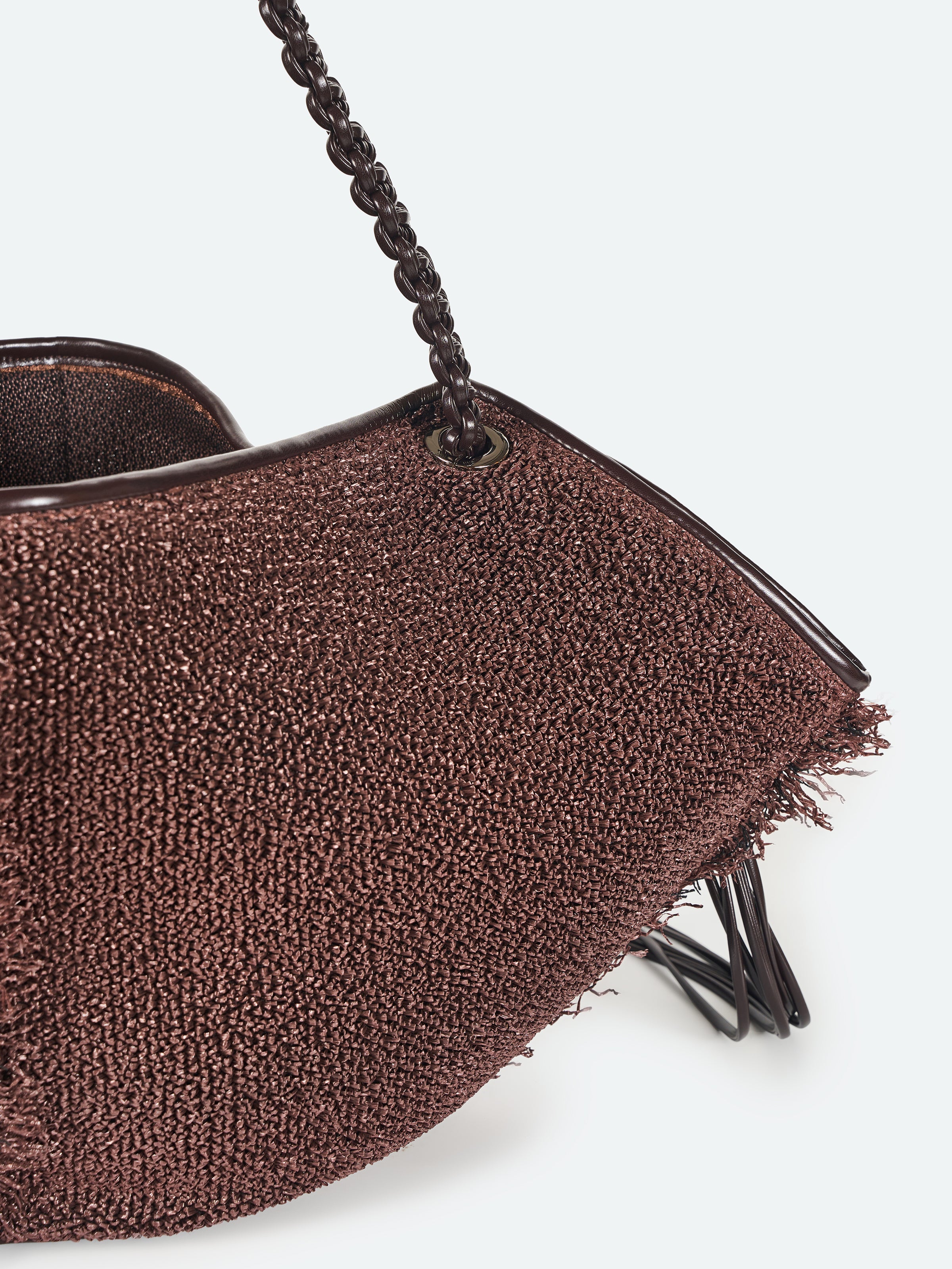 Brown Faux Straw Fringe Leather Cord Handle Tote Bag