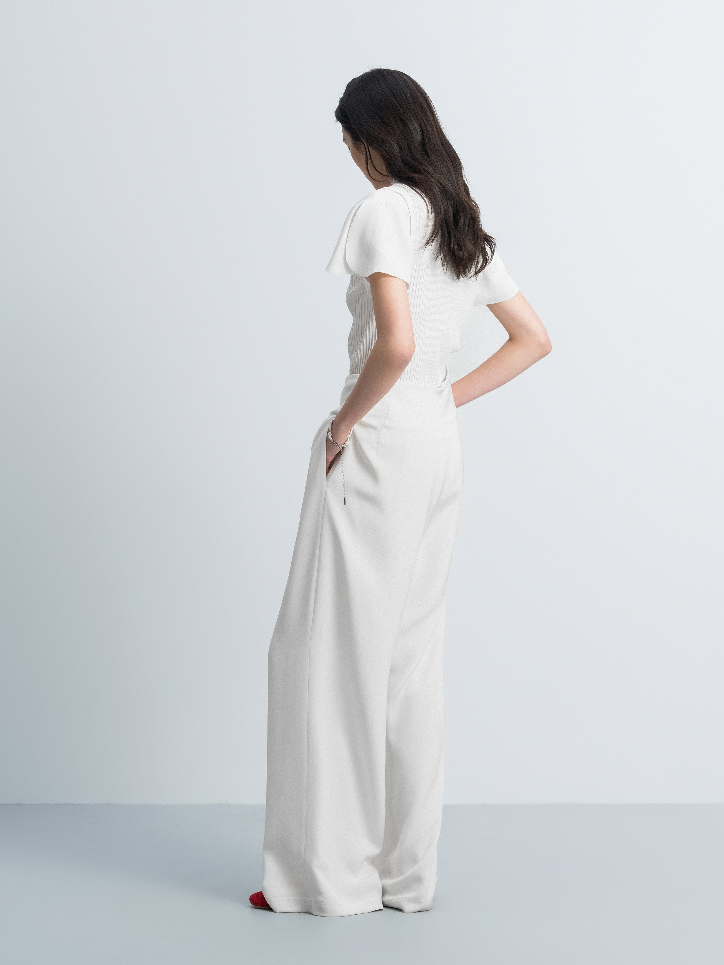 Cream White Silk Knit Patchwork Ruffle Sleeve Top