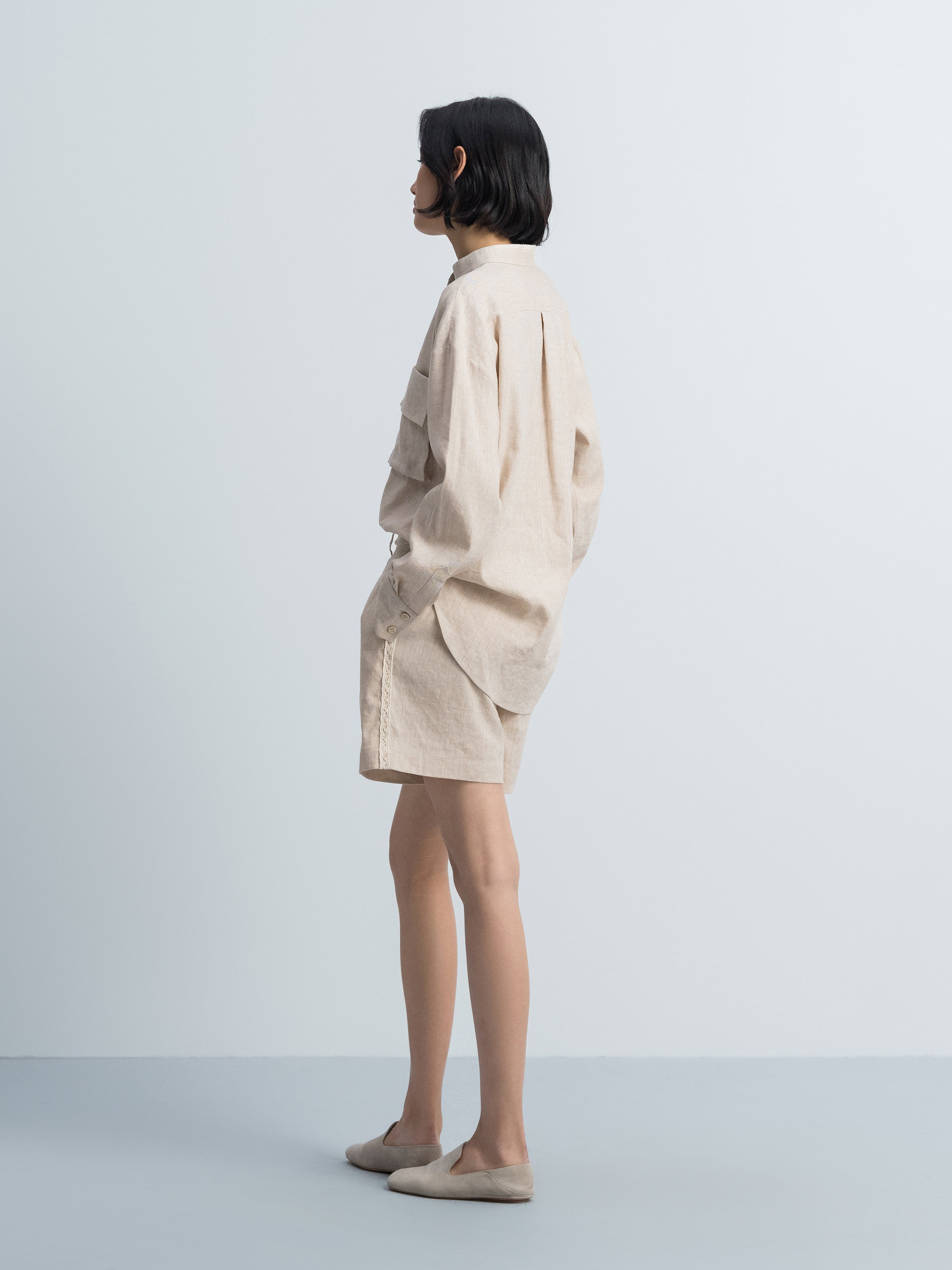 Oatmeal Linen Blend Integrated Waist Wide-Leg Shorts