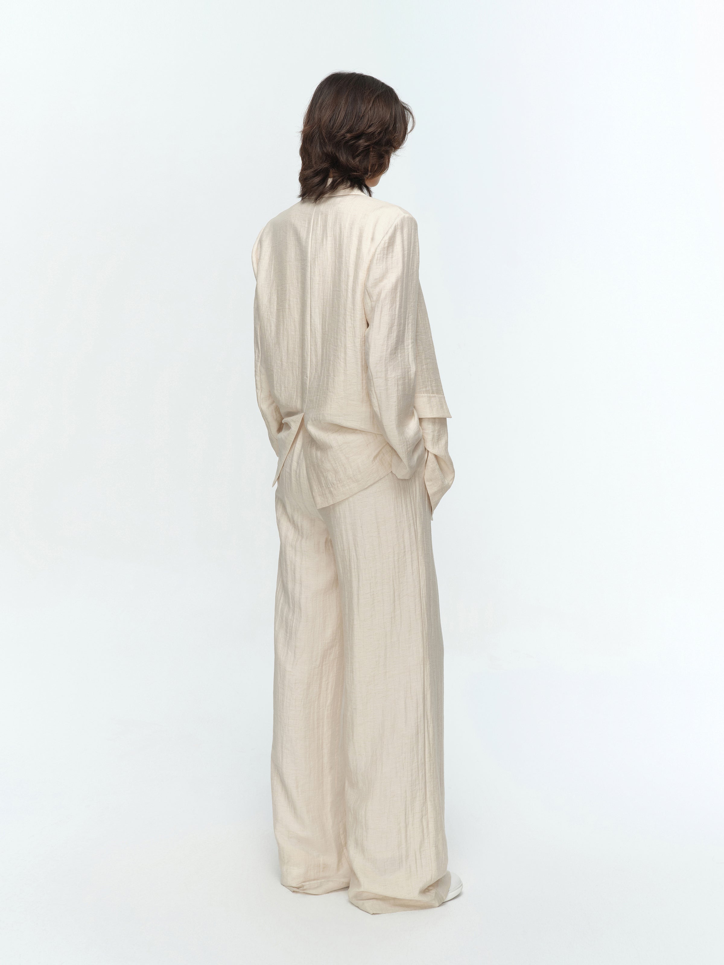 Cream White Linen Shell Button Straight Blazer