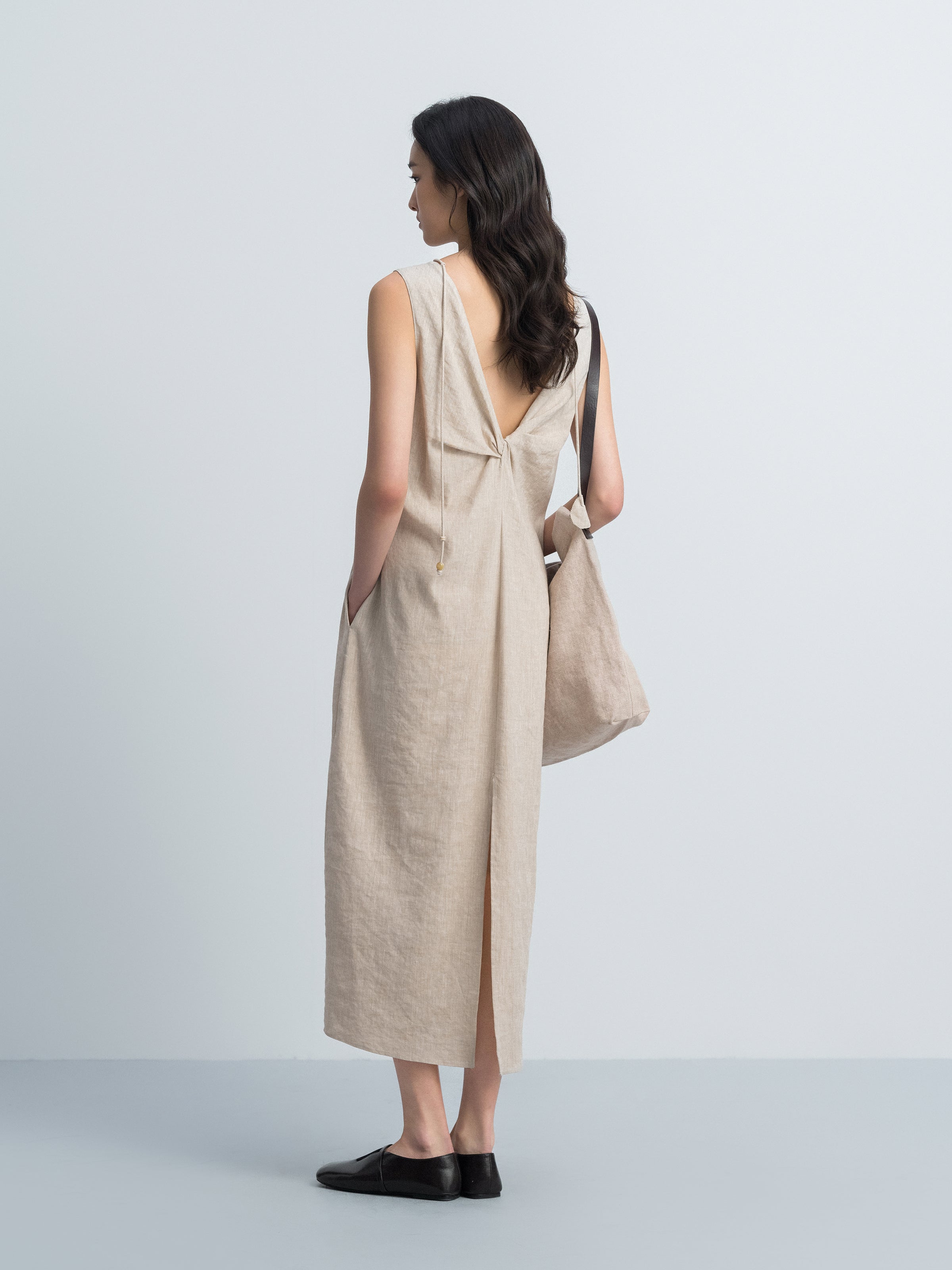 Oatmeal Linen Blend V Knot Back Cocoon Sleeveless Dress