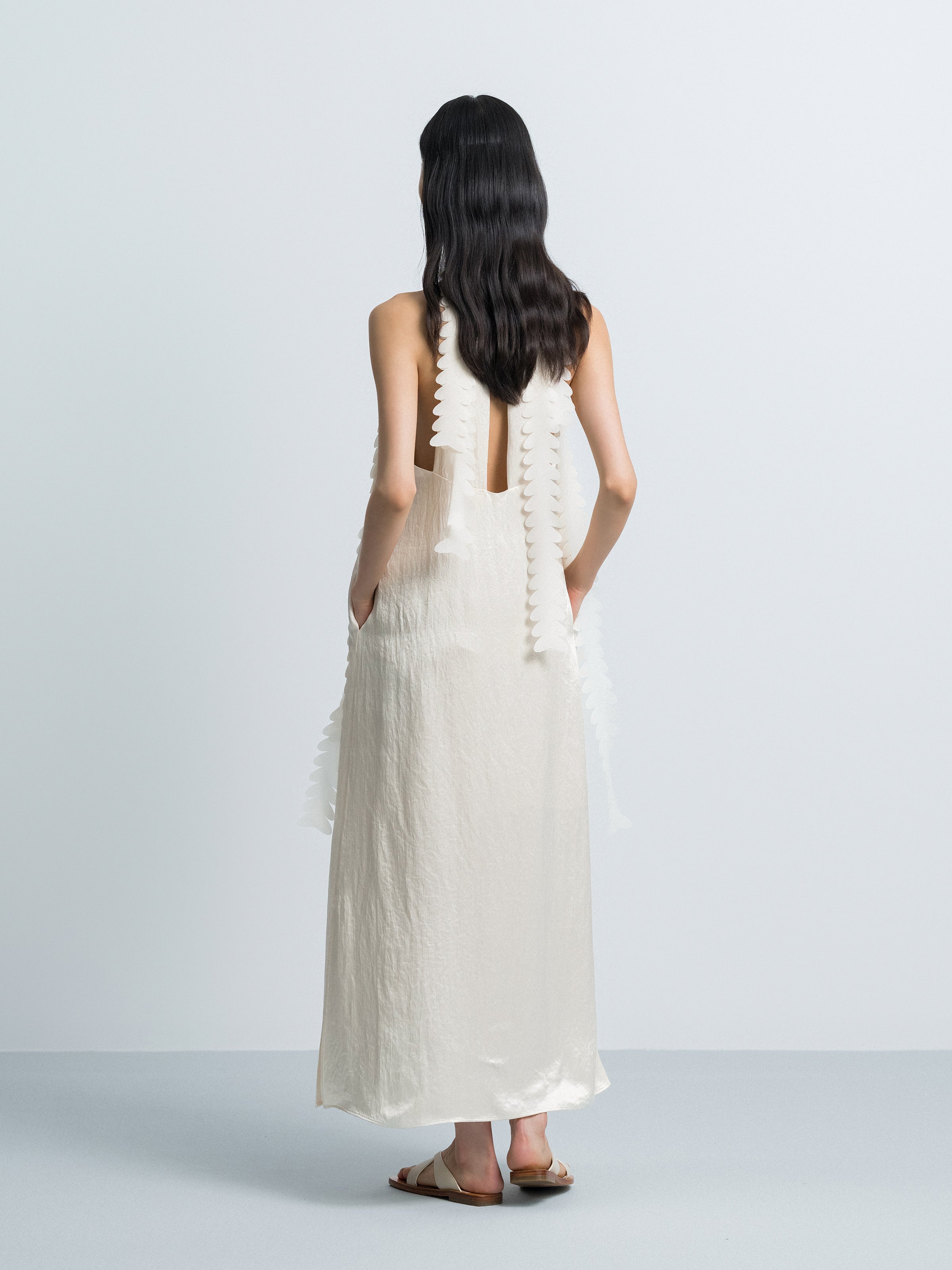 Cream White Acetate V-Neck Double Strap Floral Slip Dress