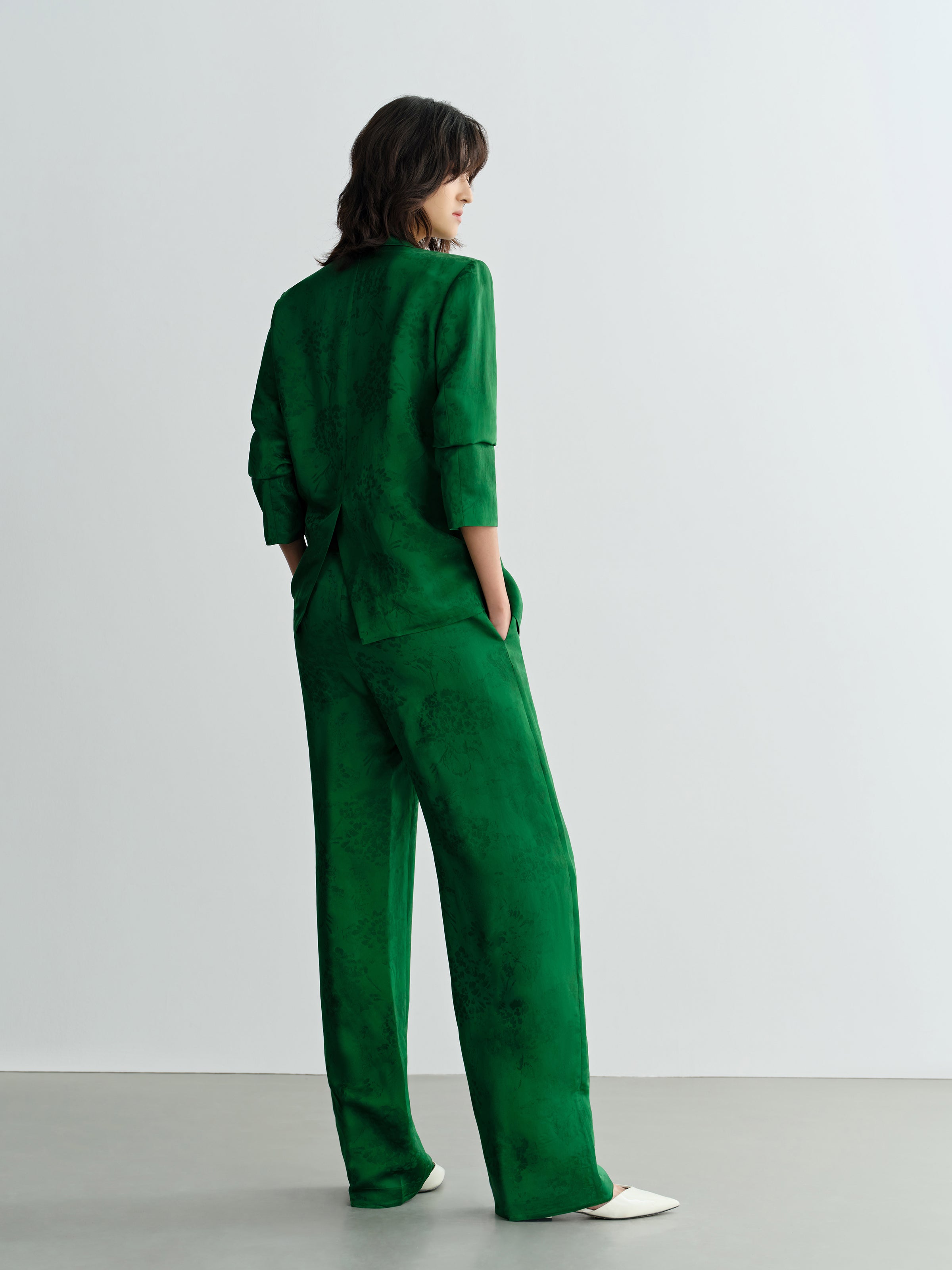 Green Mulberry Silk Jacquard Double Breasted Straight Blazer