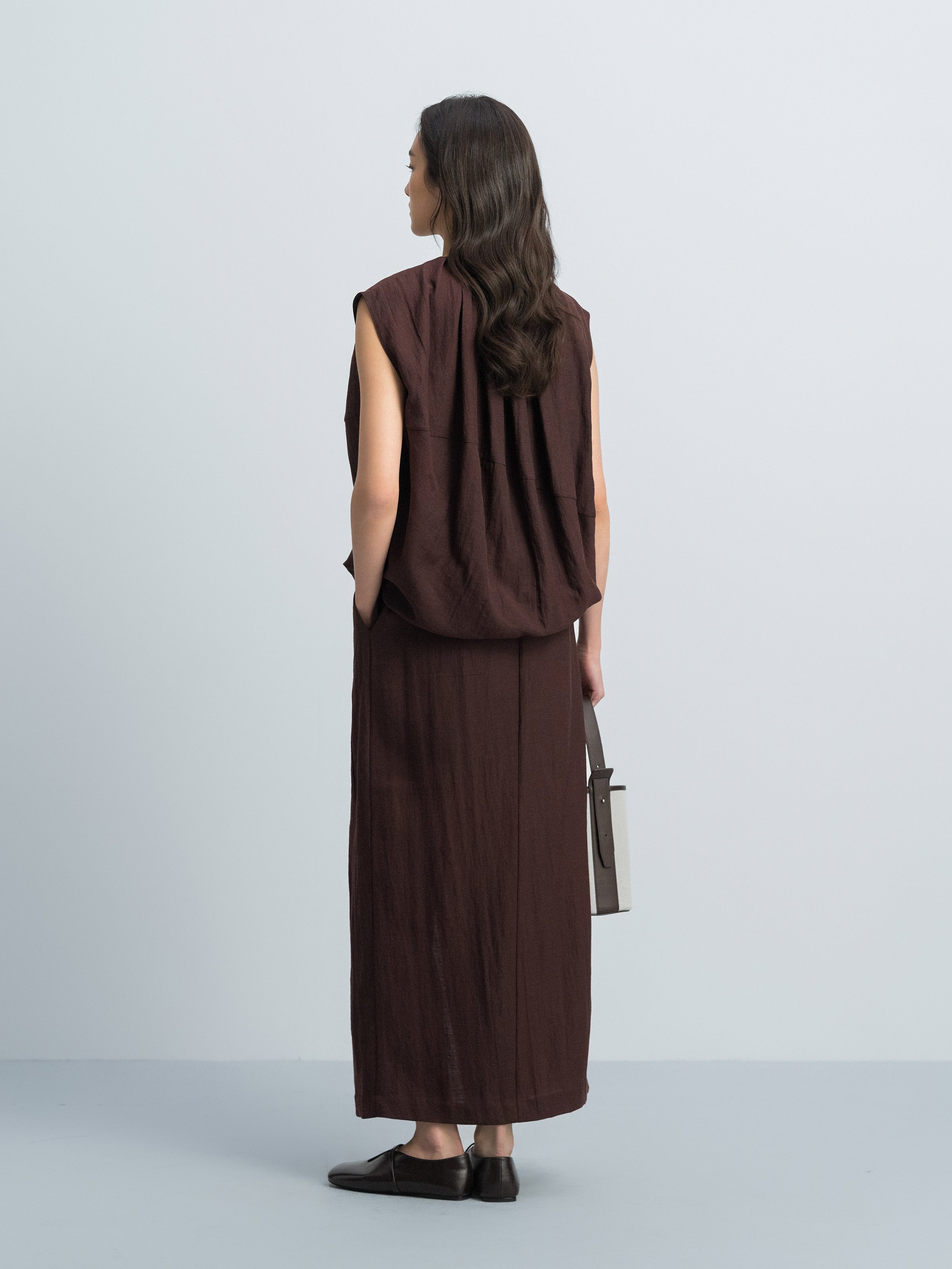 Coffee Brown Linen Blend Drawstring Neck Cocoon Top