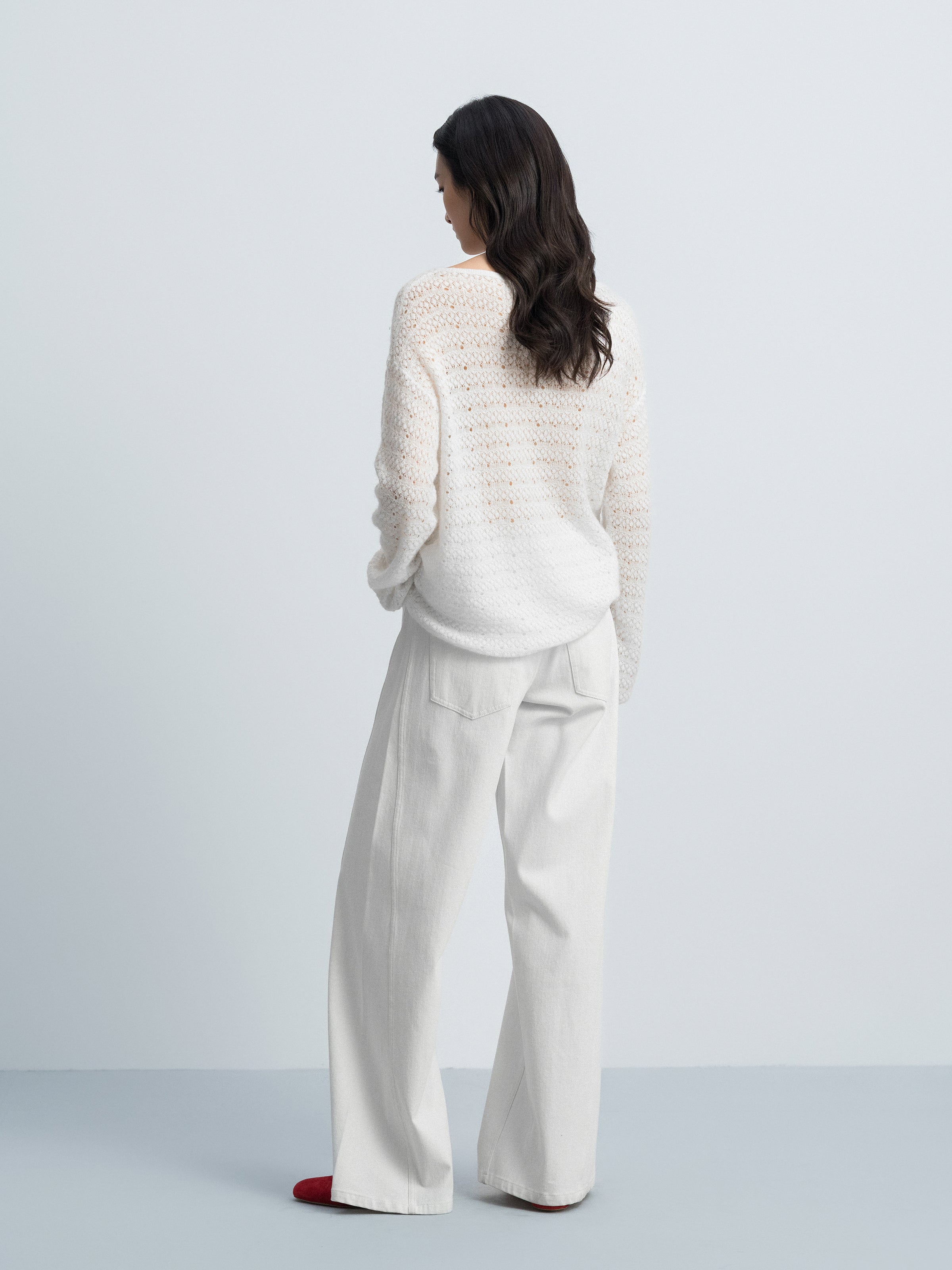 Off White Alpaca Wool Tencel Openwork Knit Pullover