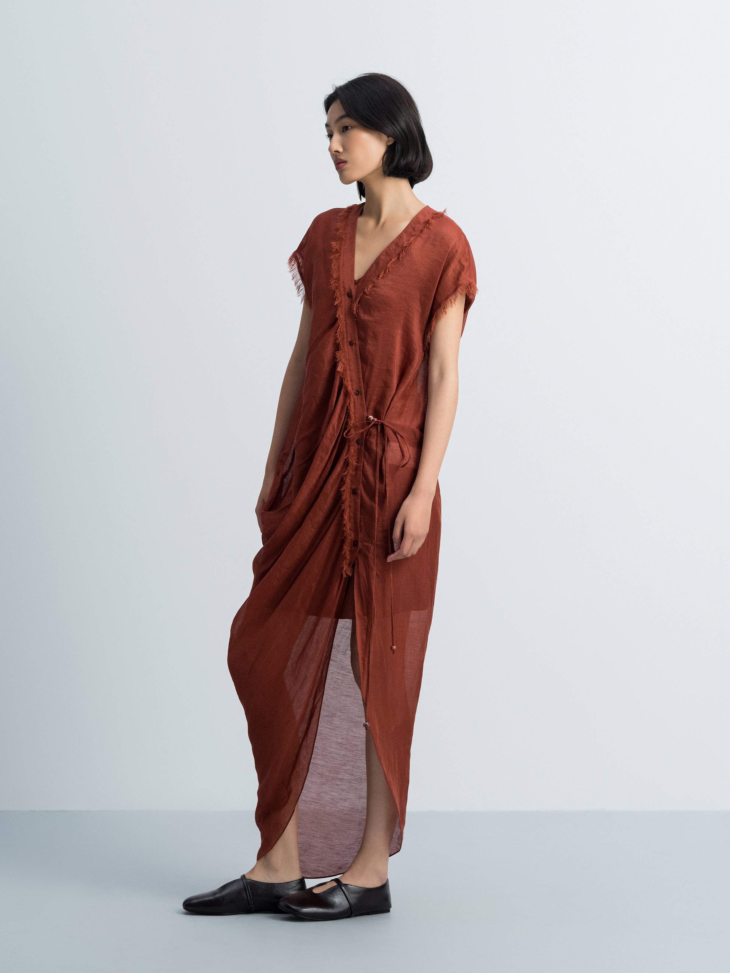 Dark Red Silk Linen Bead Tie V-Neck Cap Sleeve Dress