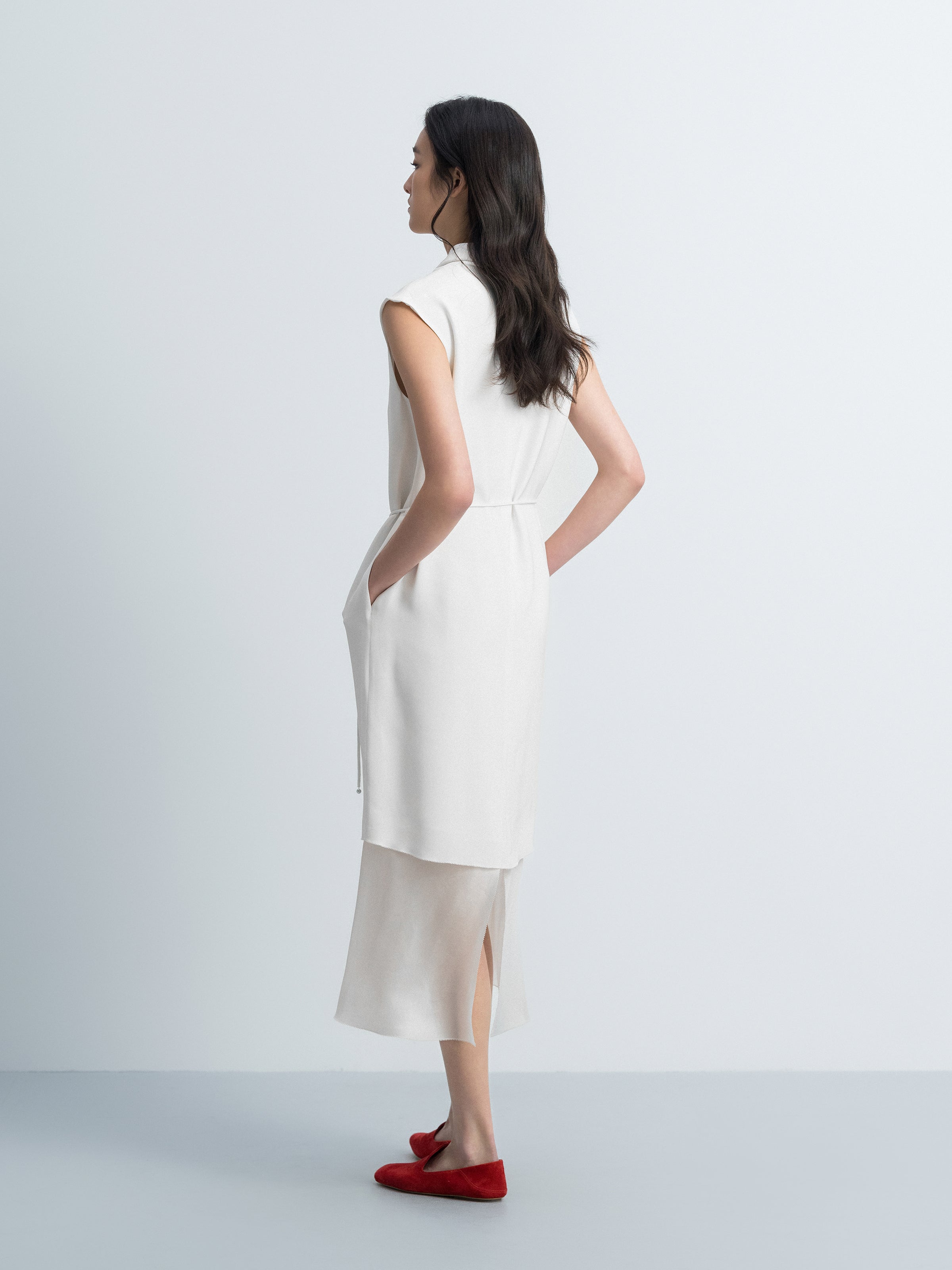 Cream White Mulberry Silk Draped Neck Sleeveless Dress