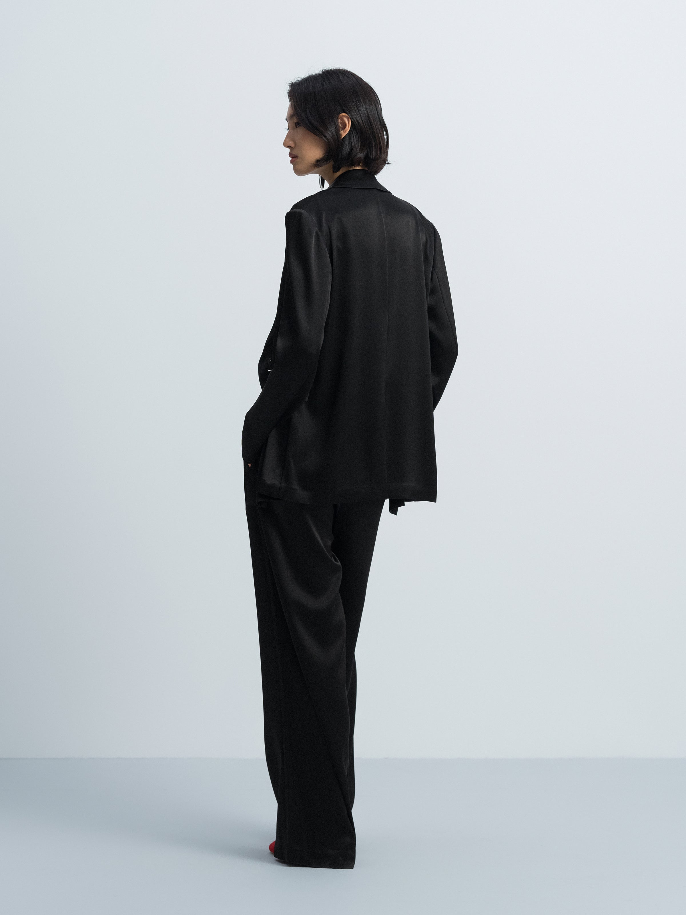 Black Triacetate Satin Classic Straight Blazer