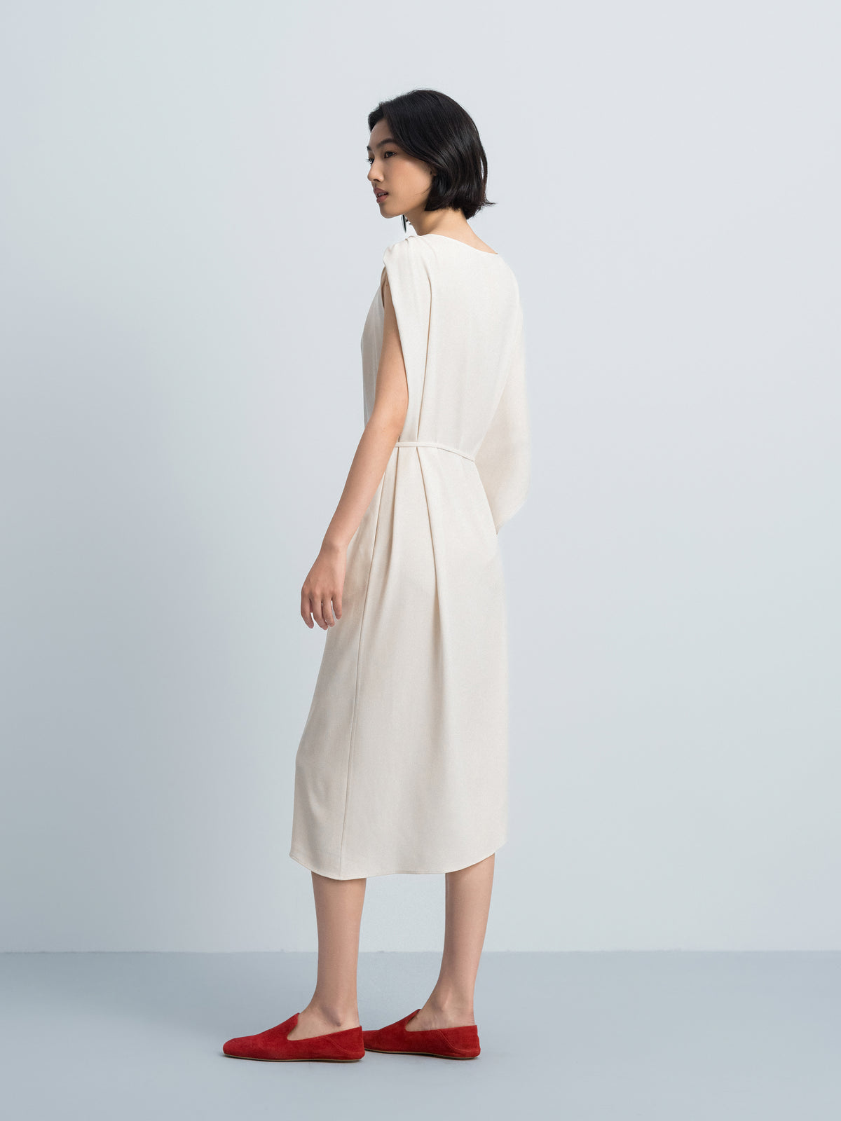 Cream White Acetate Satin Boat Neck Asymmetric Dress